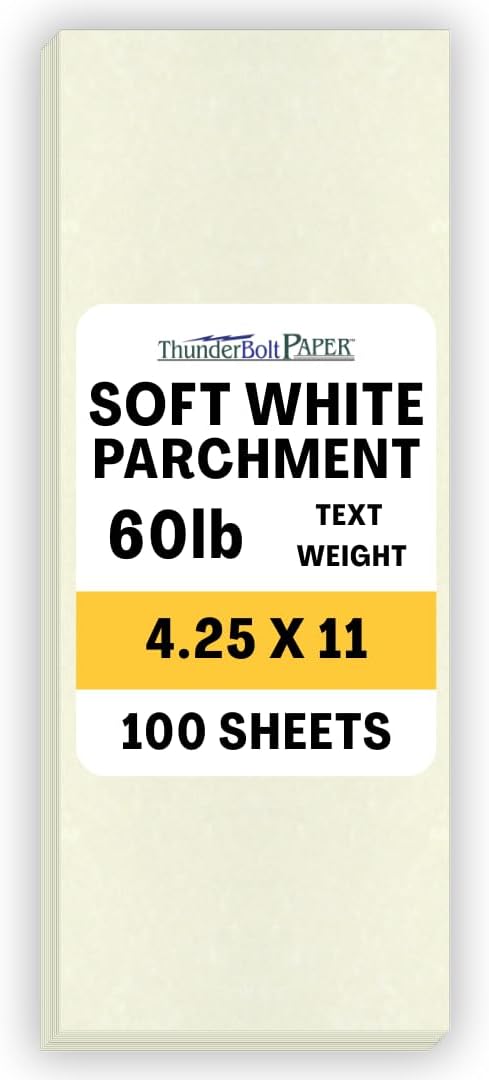 100 Soft White Parchment 60# Text (=24# Bond) Paper Sheets - 4.25 X 11 Inches Half Letter Size Cut Long - 60 Pound is Not Card Weight - Vintage Colored Old Parchment Semblance