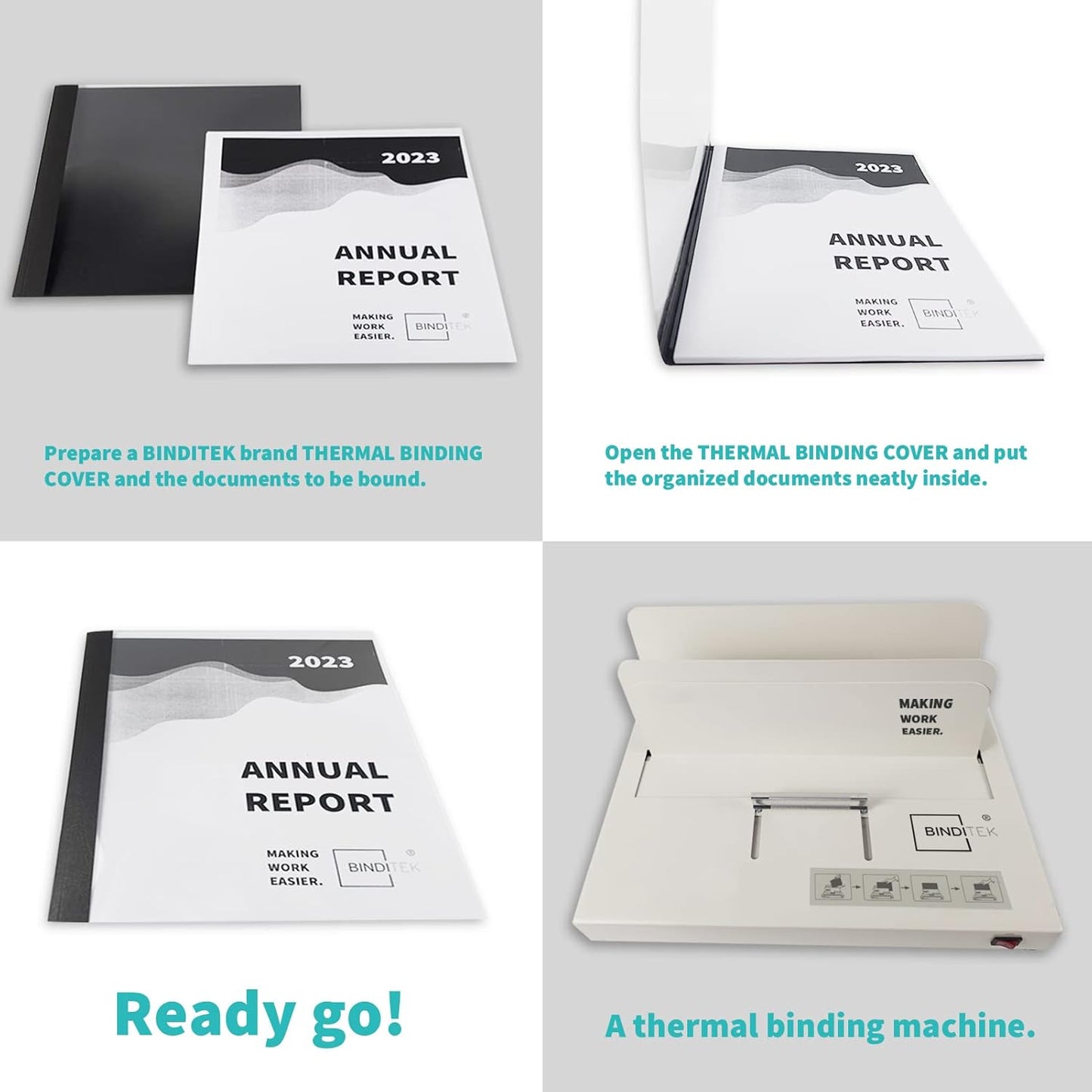 Binditek 20 Pack Thermal Binding Presentation Covers, 1/8 Inch Spine Holds 30 Sheets, Ultra Clear Front Cover, Black Paper Back Cover, Letter Size, for Students and Coworkers