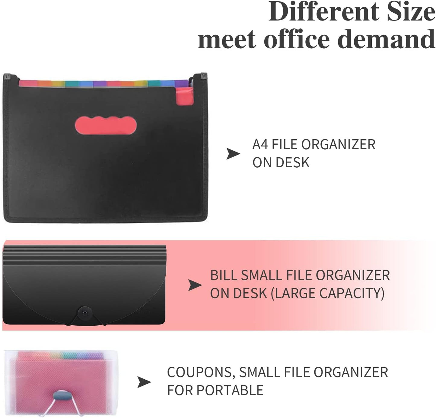 Uquelic 2 Pack Accordion File Folder - 13 Pockets Expanding Coupons Storage/Rainbow Large Capacity Bill Organizer for Desk with Label, Receipt Organizer for Business (Black&Clear)