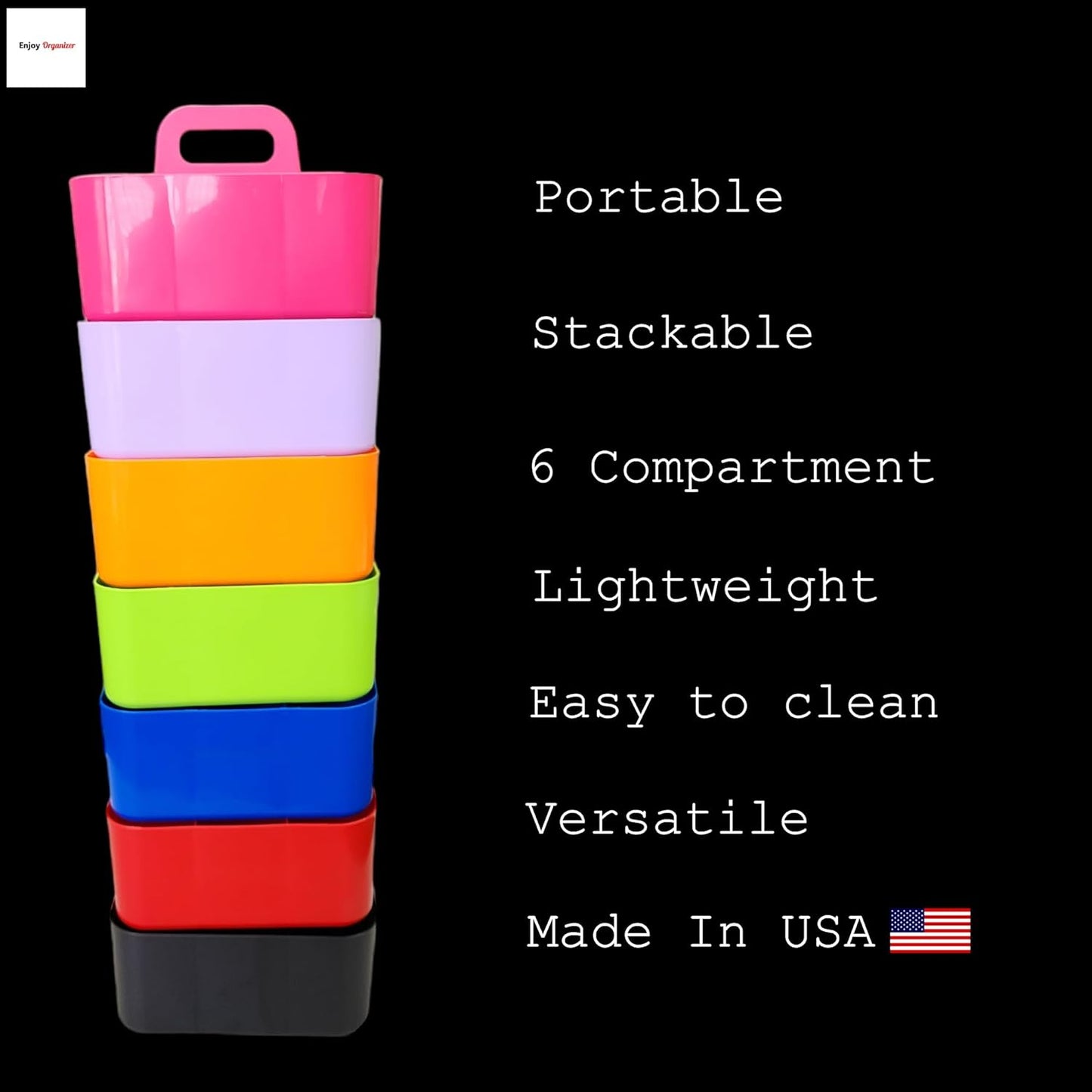 2 Pack Small 6 Compartment Multiuse Caddy Organizer with Handle Art Craft Supplies, Office, Desk, Stationery Pen Holder Stackable- Made In USA (Black/Pink)