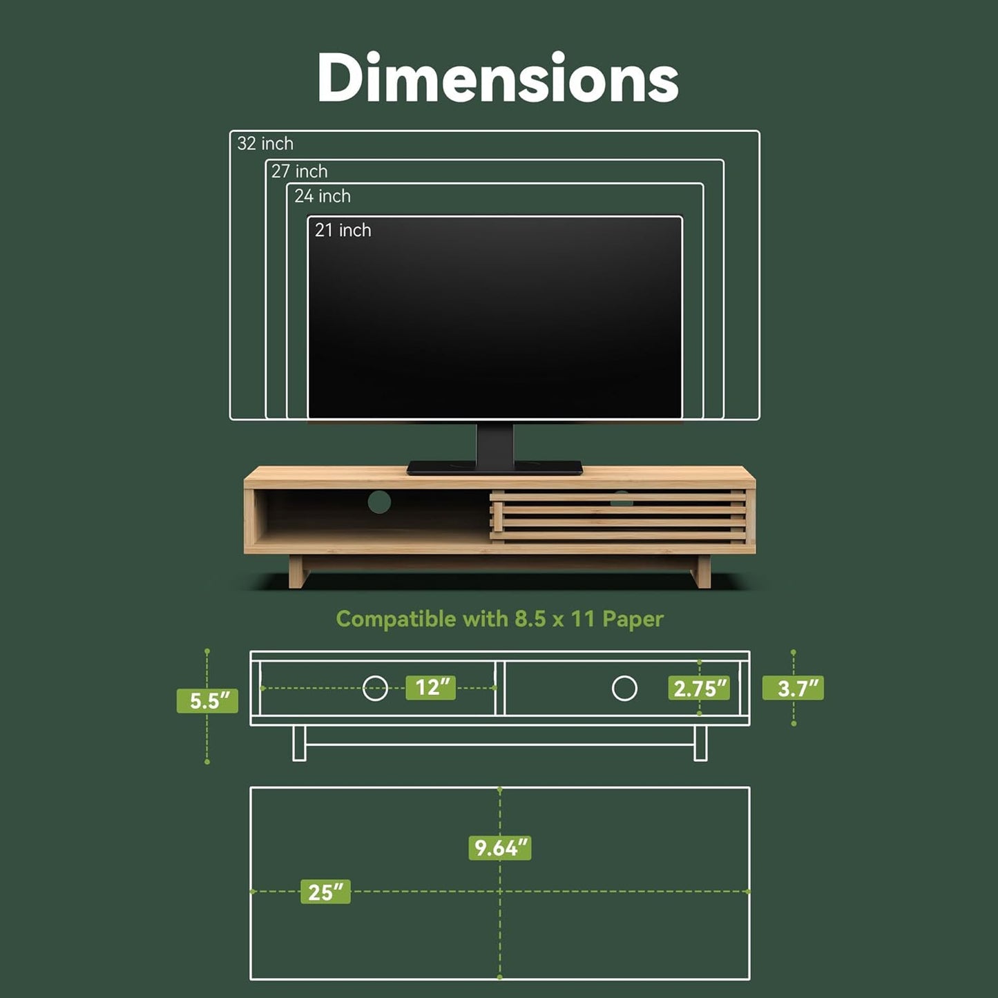 Monitor Stand Riser with Sliding Door, Computer Laptop Stand Desk Shelf Organizer with Storage (Natural Bamboo, 25 Inch)