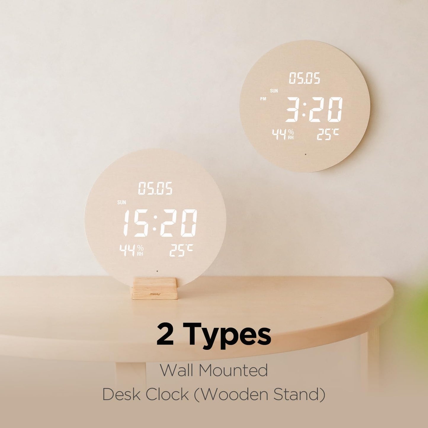 mooas Wood Moon Cordless Digital LED Wall Clock, Time Week Temperature & Humidity, Sound Sensor-Auto Brightness, Modern Décorative LED Clock for Bedroom Livingroom, Wireless Wall Mount/Wooden Stand