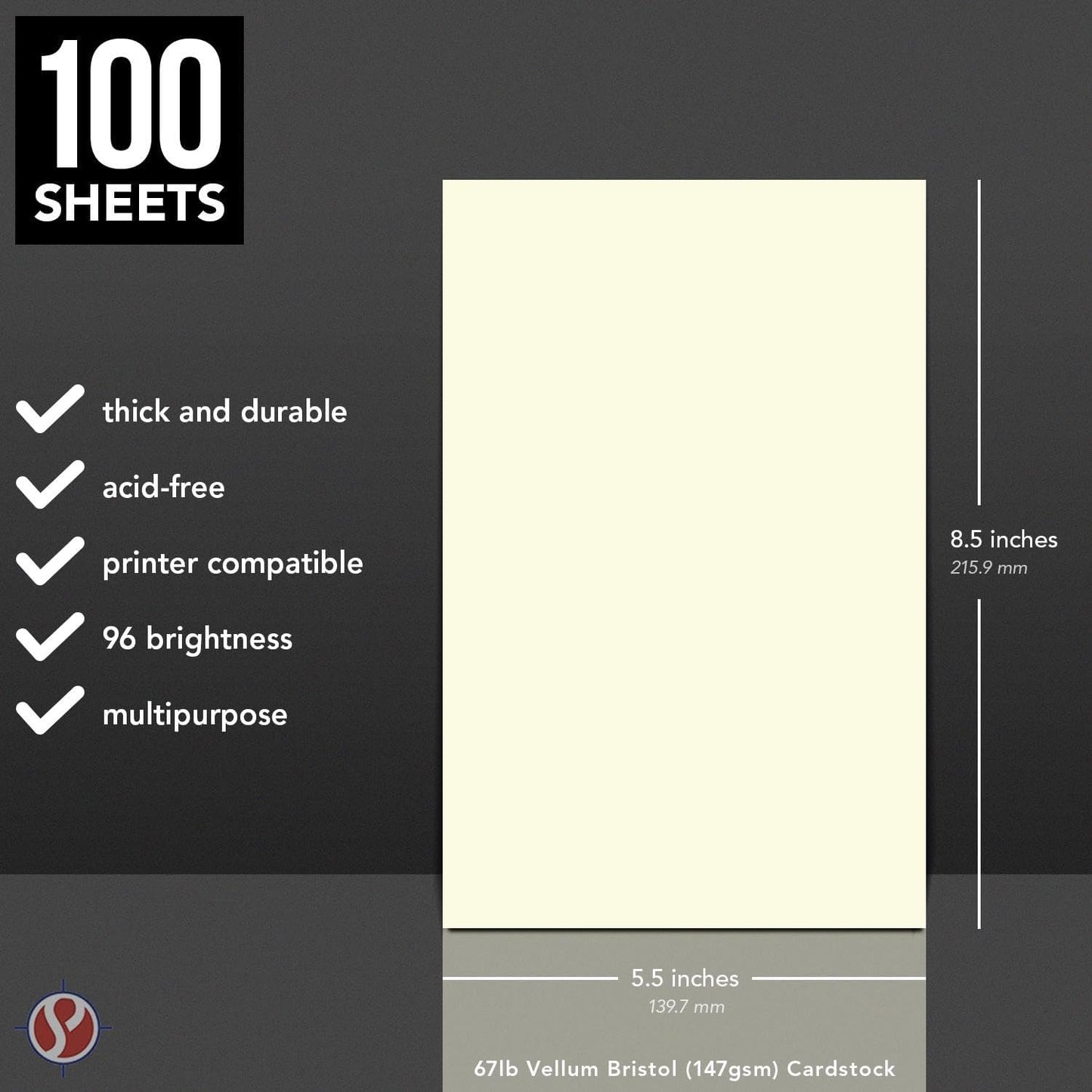 Half Letter Sheets, 8.5 x 5.5" Cream Cardstock for Arts and Crafts, Brochures, Invitations, Stationary Printing, 67lb Vellum Bristol Card Stock – Inkjet or Laser, Thick and Sturdy – 100 per Pack