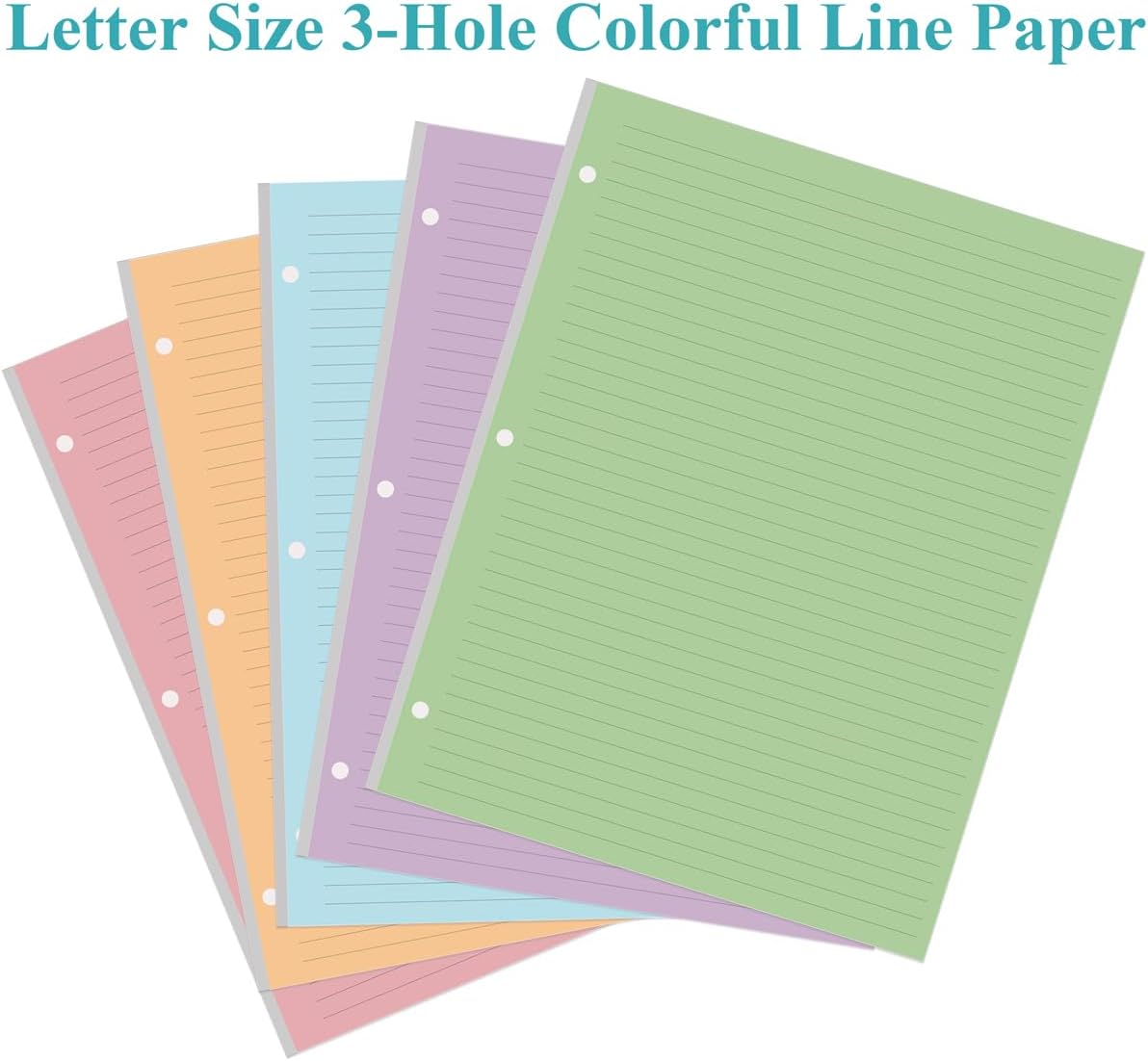 (3-Pack) Colorful 3 Hole Lined Paper - 300 Sheets/600 Pages Loose Leaf Paper Line Refills, Per Color 60 Sheets, 8.5" x 11"