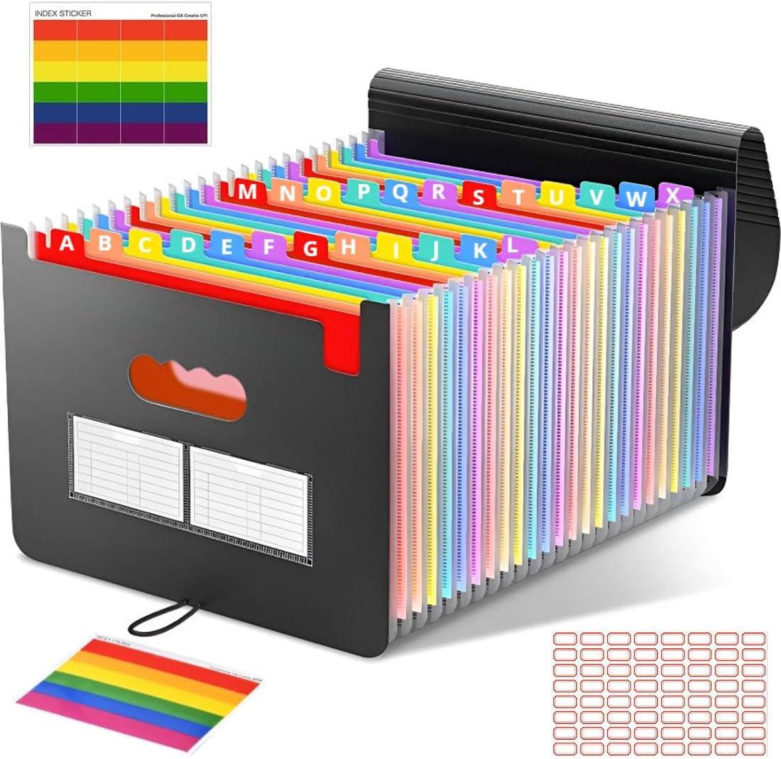 Expanding File Folder with Blank Labels, According File Organizer with Expandable Cover, Desktop Accordion Folders Letter A4 Paper Document Storage Organizer (37 Pockets)