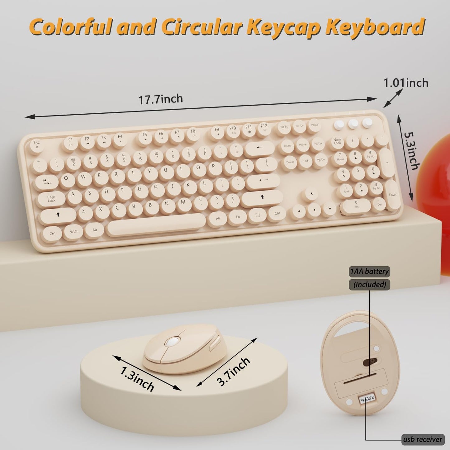 Wireless Keyboard and Mouse Combo, Cute Colorful 104 Keys Typewriter Retro Round Keycaps Keyboard for PC Laptop,Desktop,Windows, Home and Office Keyboards Coffee