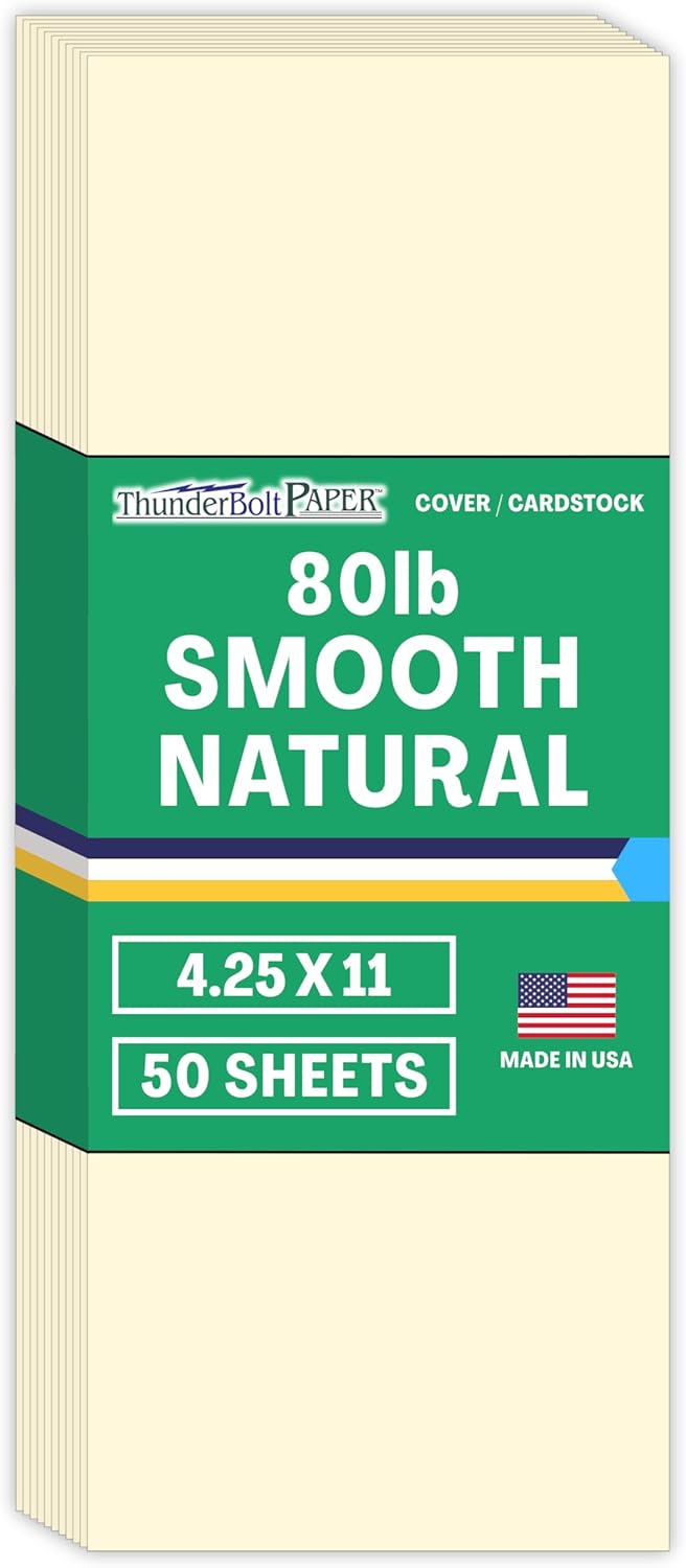 50 Natural Smooth Card Stock Sheets Paper - 4.25 X 11 Inches Half Letter Size Cut Long - 80# (80 lb/pound) Cover Weight - Quality Paper - Smooth Finish