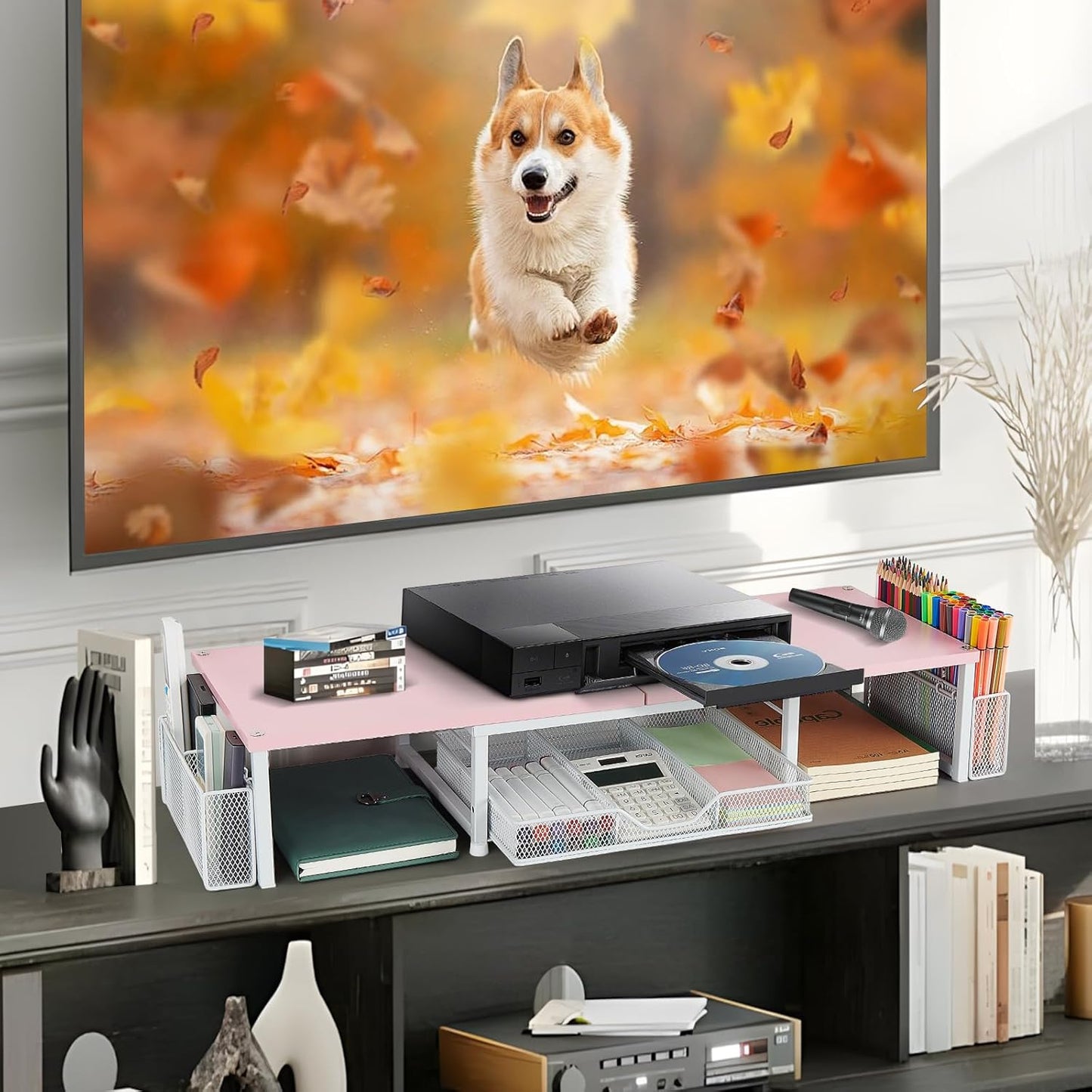 Desk Dual Monitor Stand Riser - Desk Organizer with Drawer and Pen Holders, Office Desk Accessories & Workspace Organization, Computer Monitor Stand for Laptop, Printer(Pink& White)