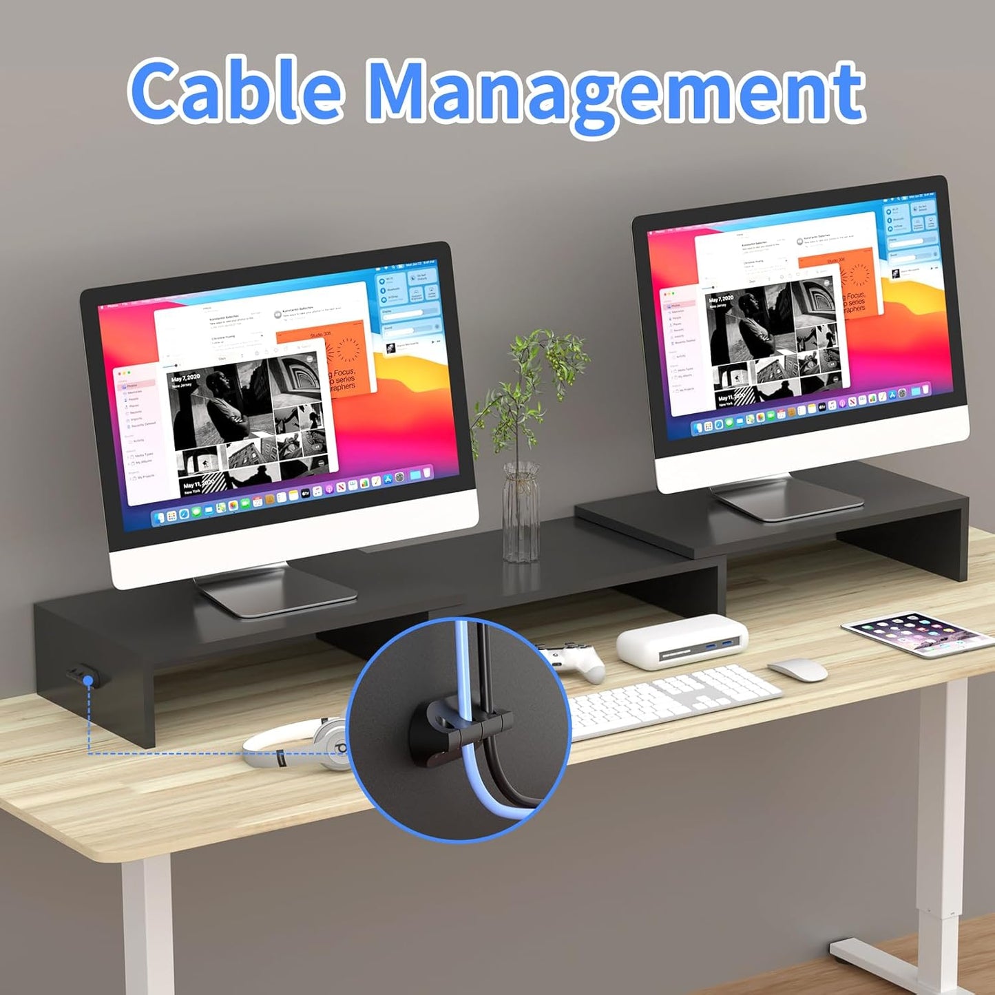 Pholiten Dual Monitor Stand Riser for 2 Monitors,Desktop Monitor Stand with Adjustable Length and Swivel Angles, Extra Long Multifunctional Stand up to 48.2" fit Computer Laptop Printer Max 44 lbs