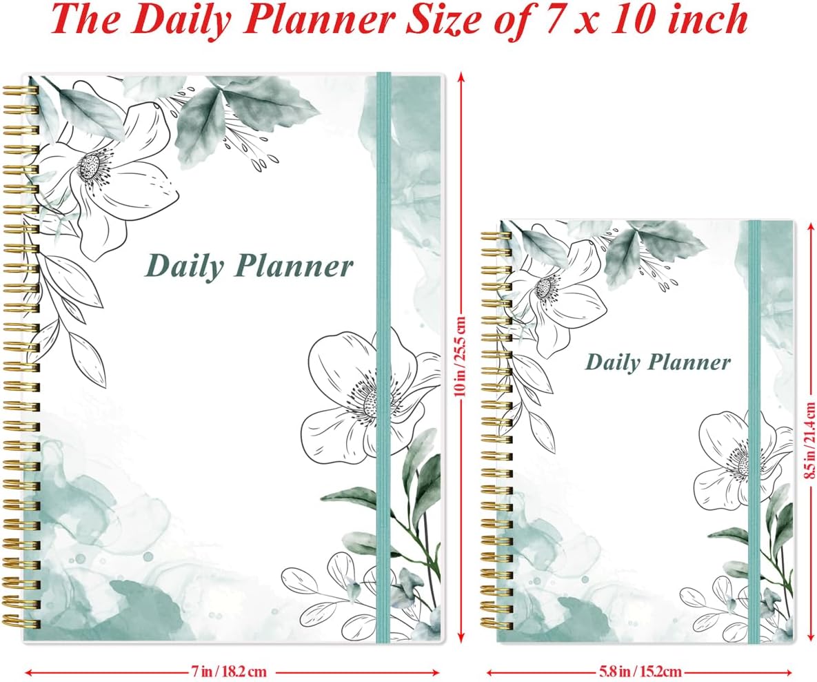 Daily Planner Undated - B5 To Do List Notebook Hourly Schedules, Spiral Appointment Planner for Women and Men, PVC Hardcover, Inner Pocket, Elastic Closure, 7" x 10", Teal Flowers