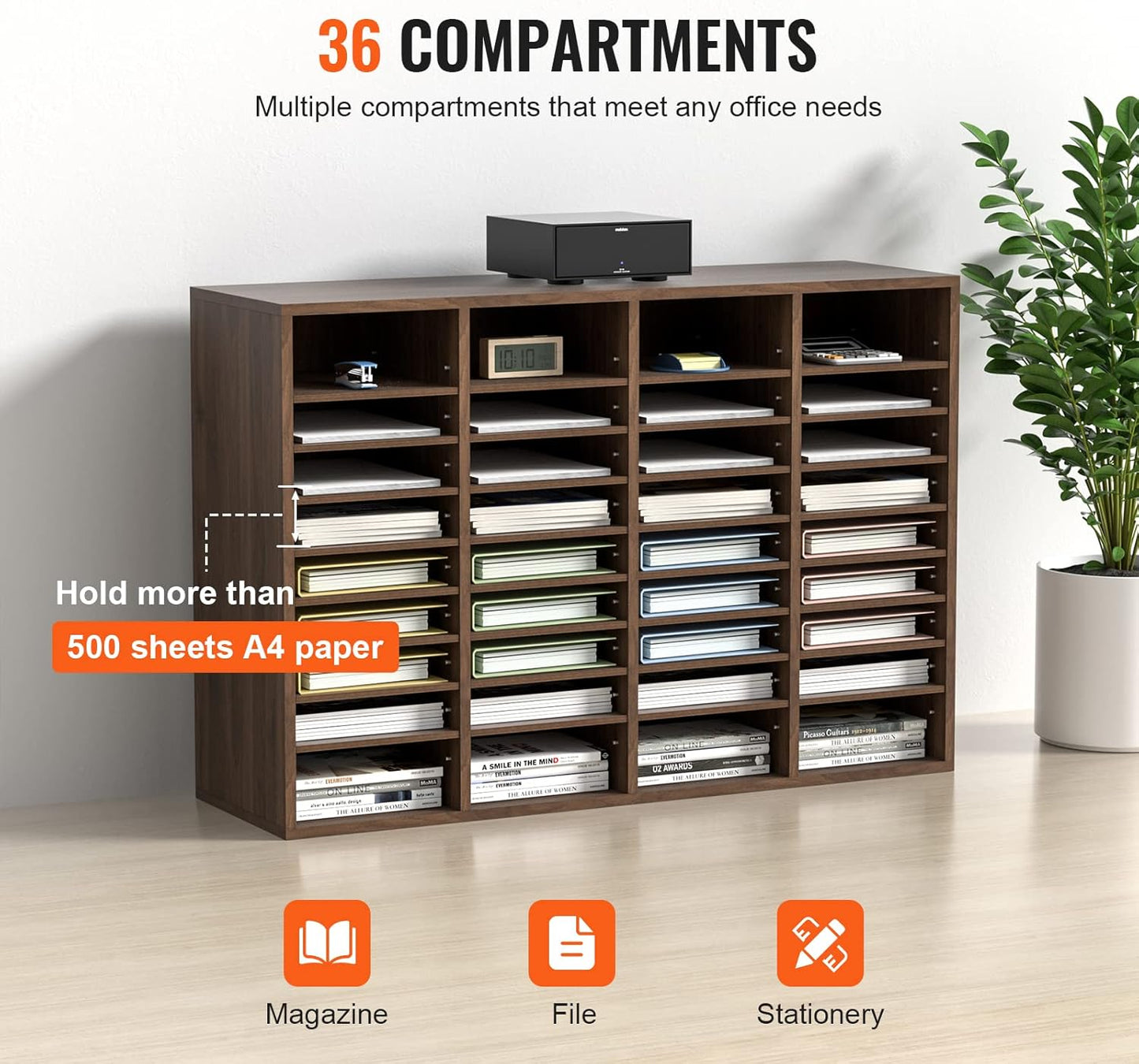 VEVOR Literature Organizer, 36 Compartments Office Mailbox with Adjustable Shelves, Wooden Mailbox Sorter Medium Density Fiberboard Office Home Classroom Storage for Files, Documents, Papers, Grey