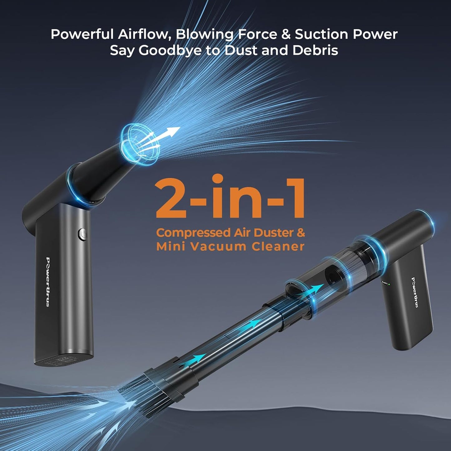 Compressed Air Duster, PowerUrus 200000RPM Electric Air Duster with Brushless Motor, 4-Gear Adjustable Cordless Air Blower, 8000mAh Rechargeable Air Duster for Keyboard, PC, Outdoor and Home Cleaning