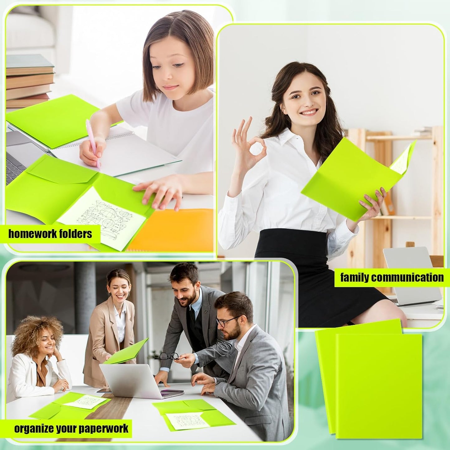 Gueevin 150pcs Plastic Folders with Pockets, Two Pocket Folder Fit 8.5 x 11 Inch Letter Size Paper, Heavy Duty School Folders Business Card Holder for Home Office School Bussiness (Bright Green)