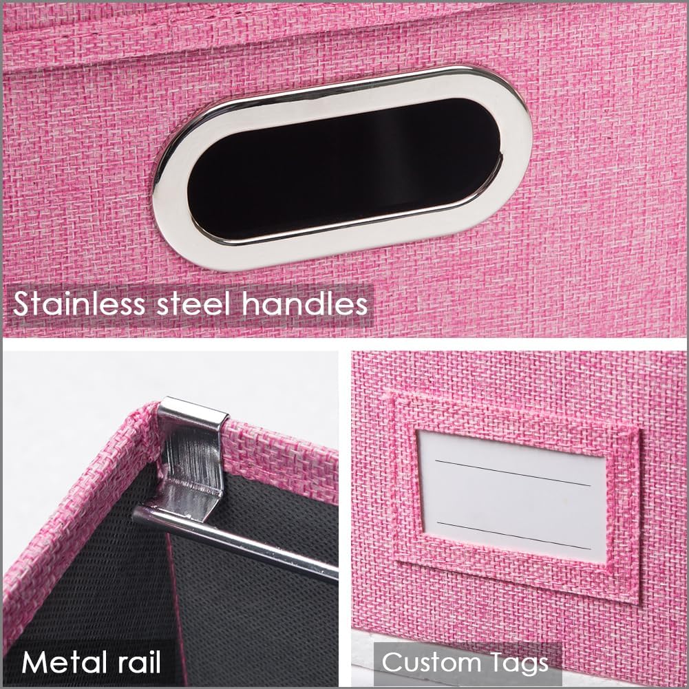 PRANDOM File Organizer Box - Set of 1 Collapsible Decorative Linen Filing Storage Hanging File Folders with Lids Office Cabinet Letter Size Pink (14x9.3x10.8 inch)