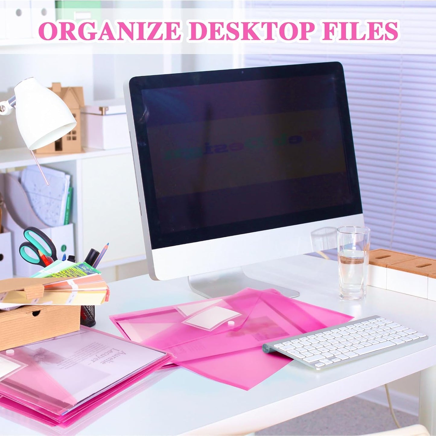 Yeaqee 50 Pcs Plastic Envelopes Poly Envelopes File Folders with Snap Button Closure Clear Folders for Documents US Letter A4 Size Filing Holder with Label Pocket for Home Office School(Pink)