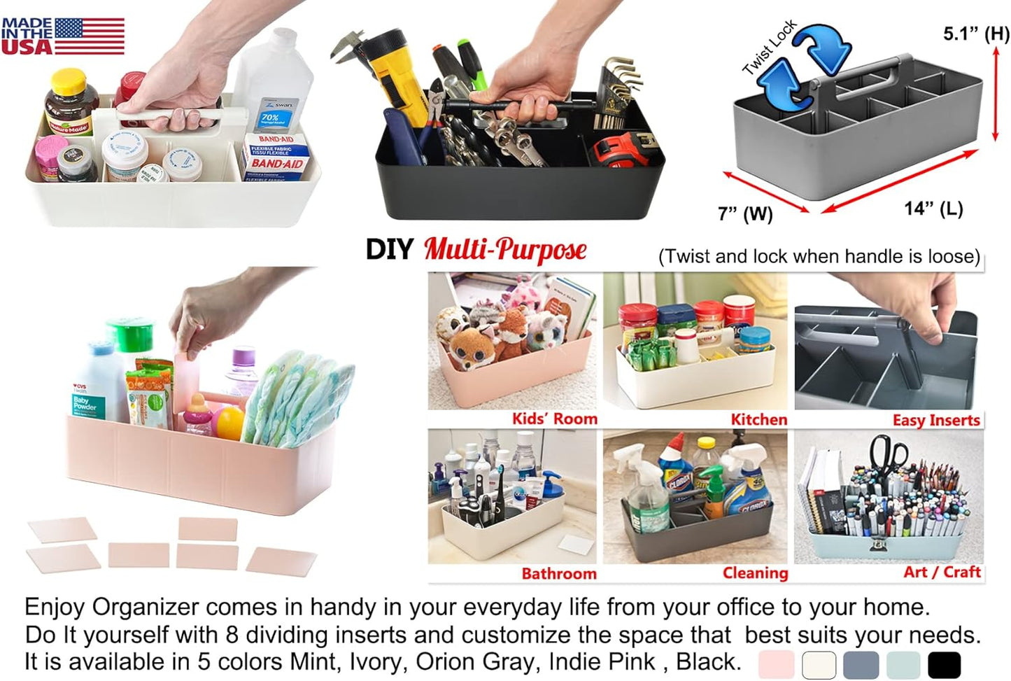 -Large Portable Caddy, DIY Dividers, 8 Compartments, School Office Supplies Home Business Organizer,Portable Basket with Handle Made in USA (3 PACK, Mint/Pink/Lavender)