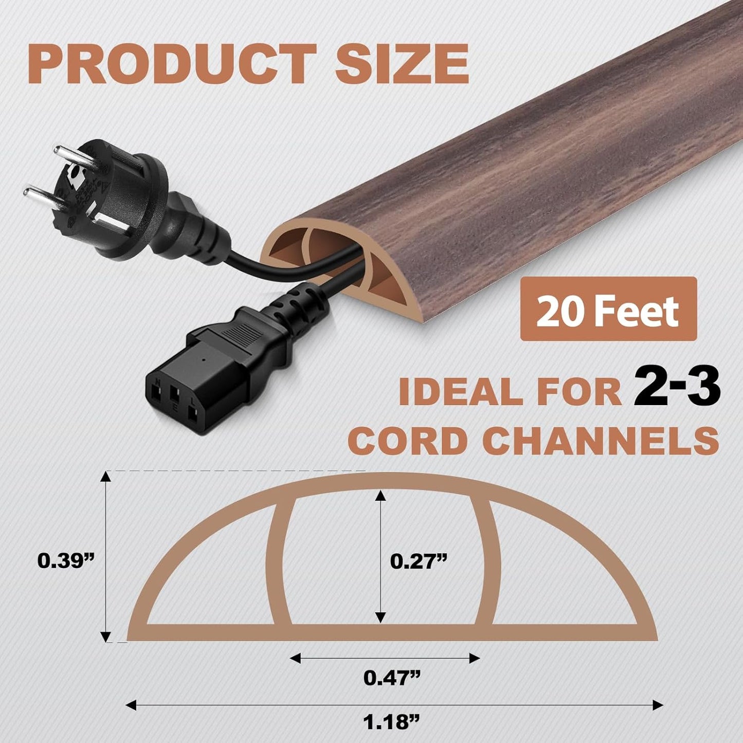 Floor Cord Cover for Wires on Floor Self Adhesive Cord Hider Floor Cable Management Wire Covers for Cords Protector Prevent Cable Trips Cord Cavity W 0.47" x H 0.27", Grayish Brown Wood, 20Ft