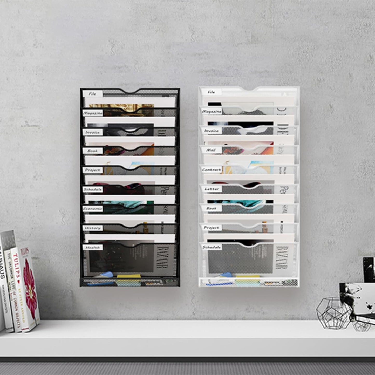 10 Tier Hanging Wall File Holder, Metal A4 Wall Mounted Document Holder, Vertical Hanging Mail Organizer, Magazine Storage Rack with Tray for Office Home Classroom, White
