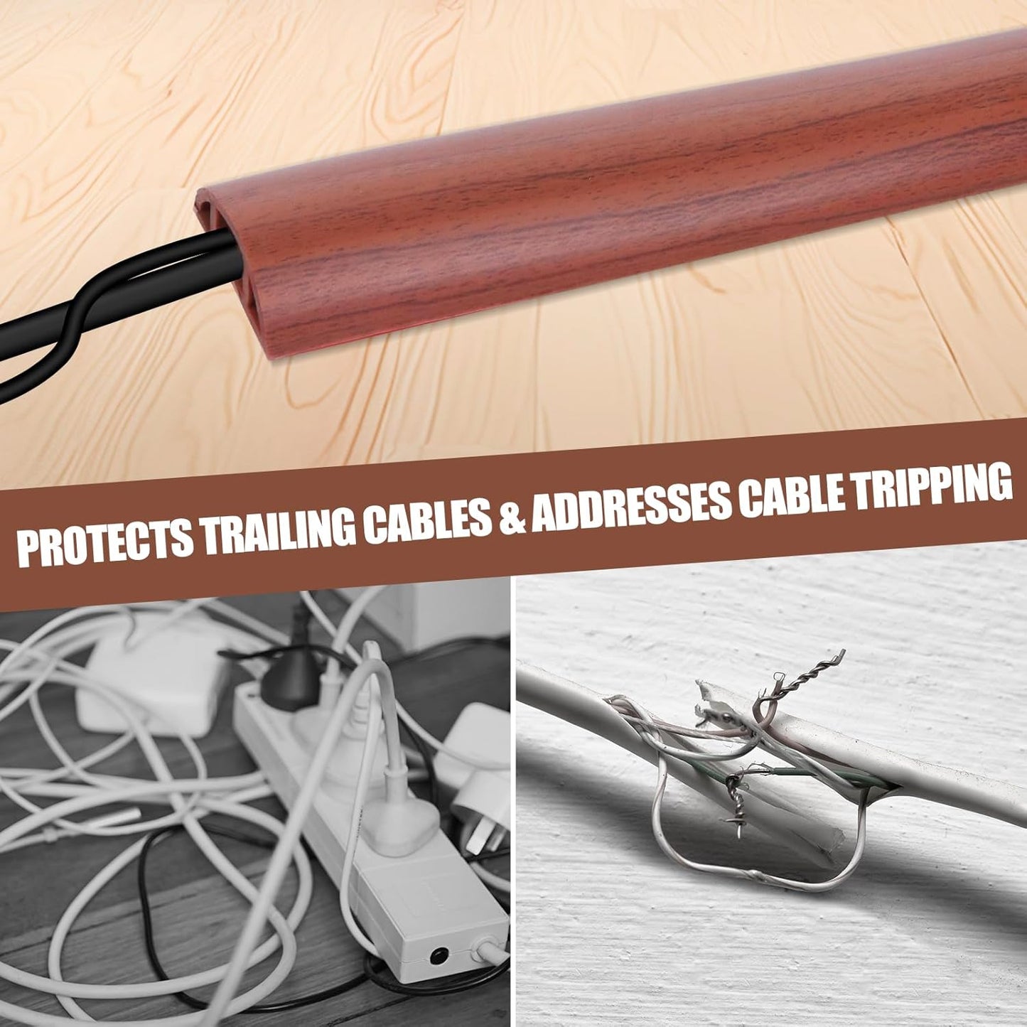 Floor Cord Cover Self Adhesive Cord Hider,20FT Cable Management, Extension Strip Protector for Wires, Prevent Cable Trips for Offices, Gyms, Exhibitions Cavity:0.39"(W) x0.27(H) Wood Red Teak