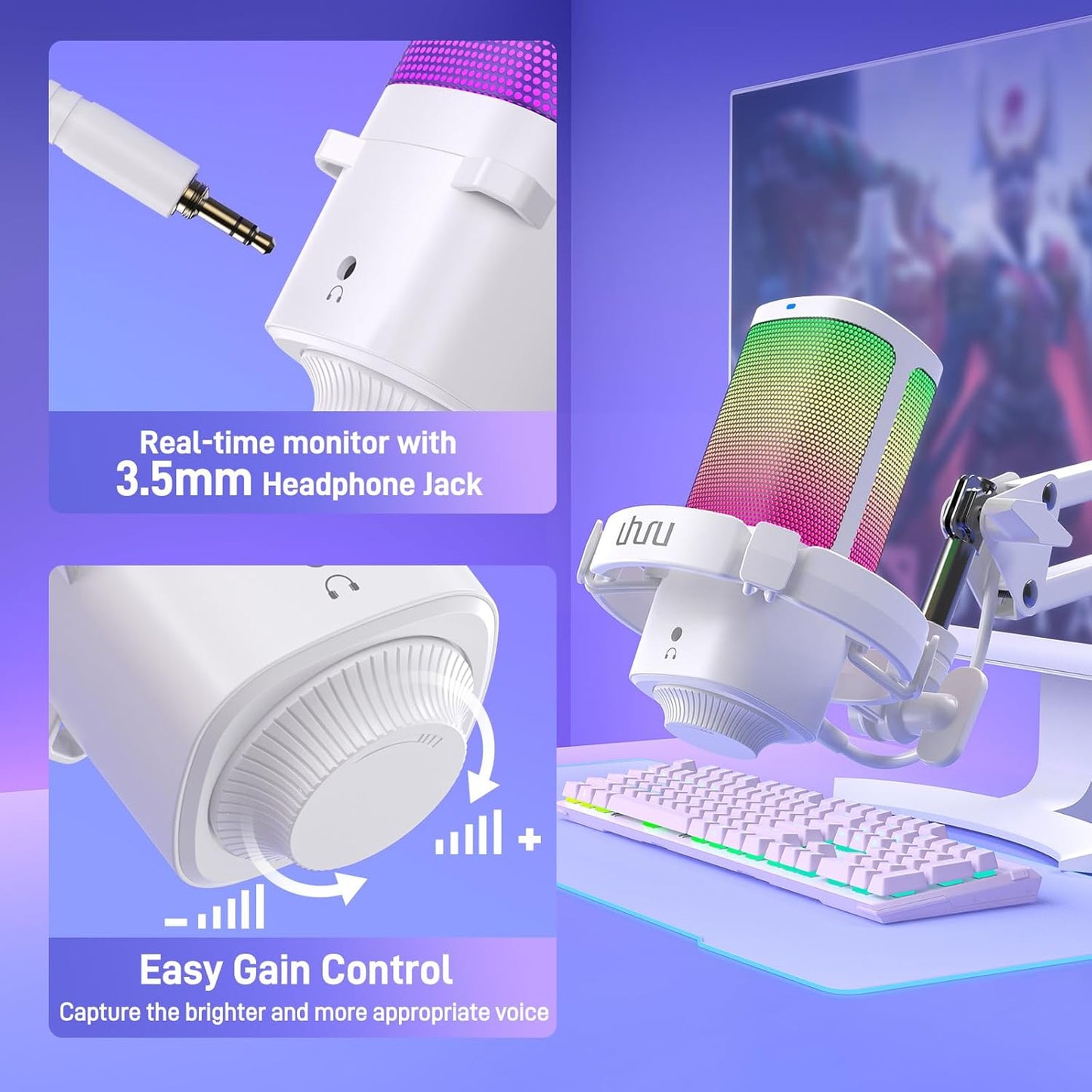 UHURU Gaming USB Microphone for PC: Streaming Computer Mic with Noise Cancellation - Condenser Mic with Controllable RGB for Gaming Streaming