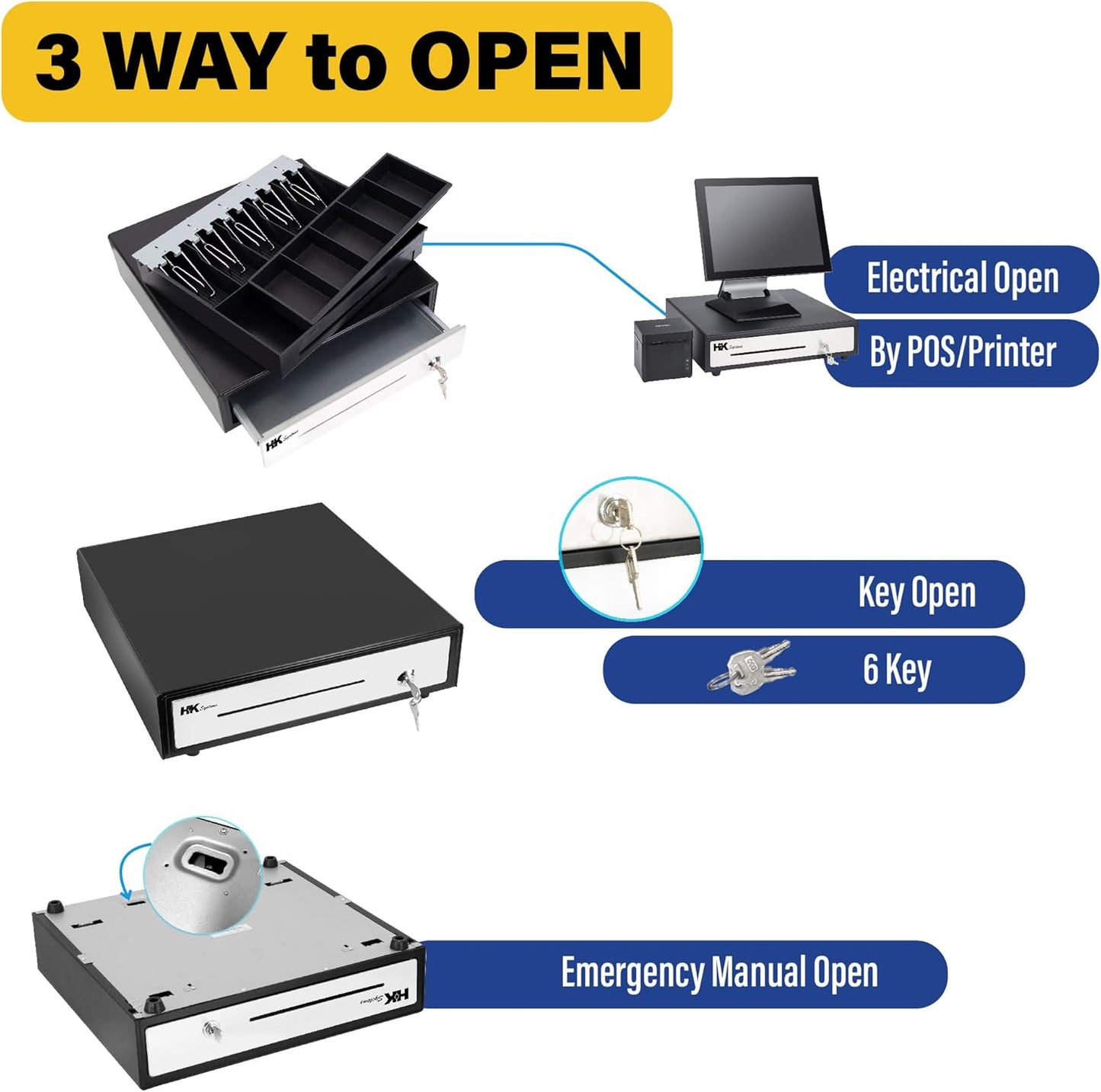 HK SYSTEMS 16" "Stainless Steel" Front Heavy Duty Black POS Cash Drawer with 5Bill/5Coin with Under Counter Mounting Metal Bracket