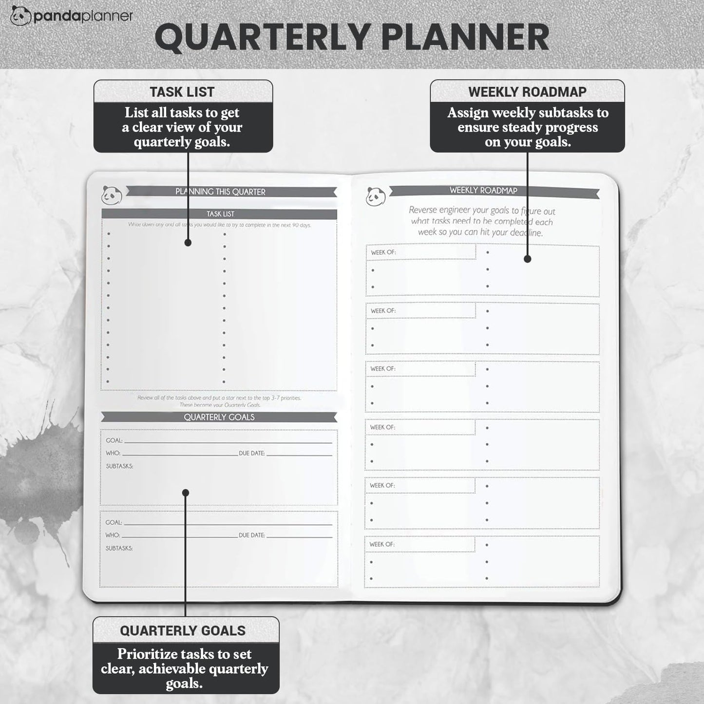 Panda Planner Undated Daily Planner - 90 Day Organization - Productivity For Entrepenuers - Set Goals - Bonus Weekly & Monthly Agenda - Grey - Hardcover