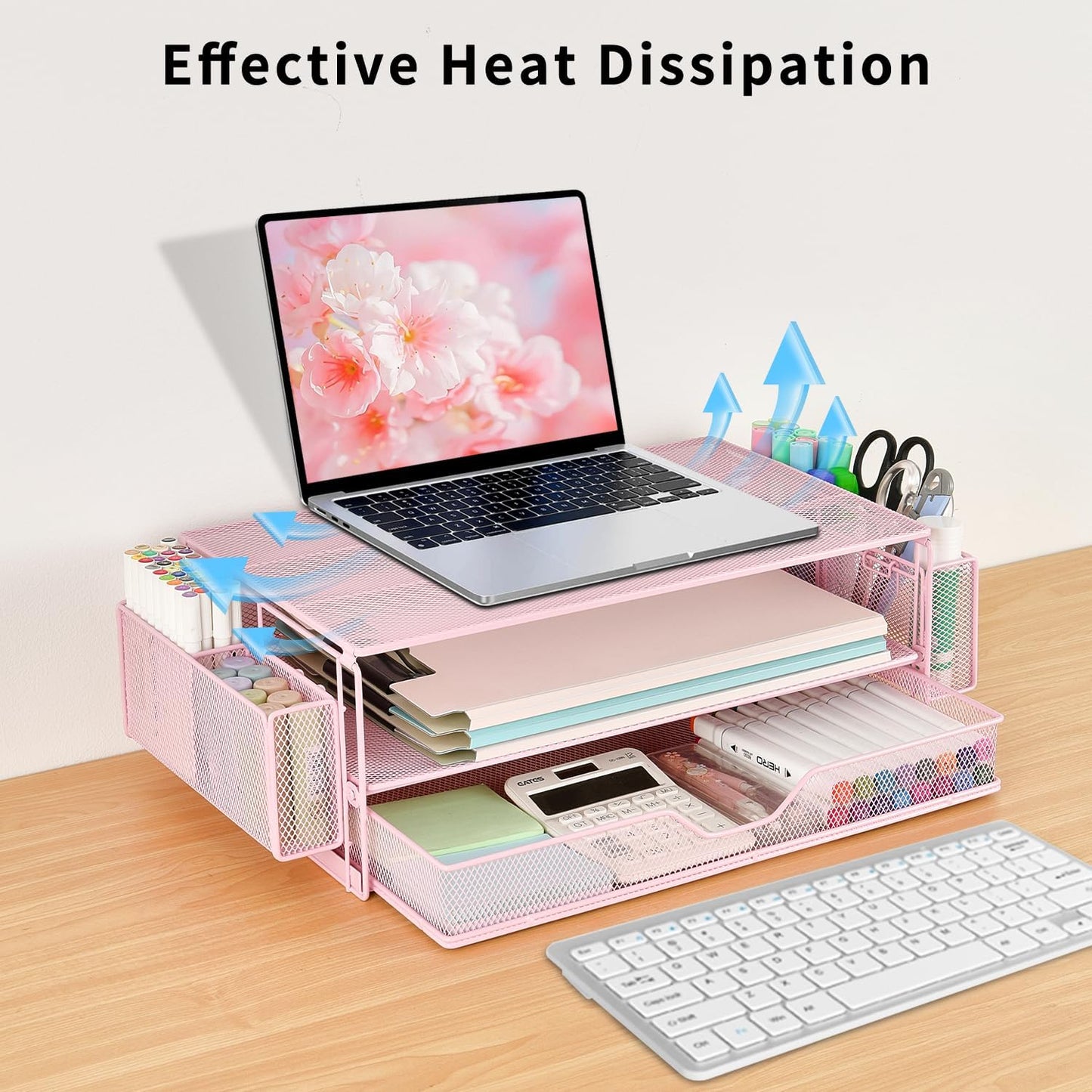 AUPSEN Computer Monitor Stands Riser,2-Tier Desk Organizers and Accessories, Office Desk Accessories Organizer with Drawers and 2 Pen Holder for Office Supplies (Pink)