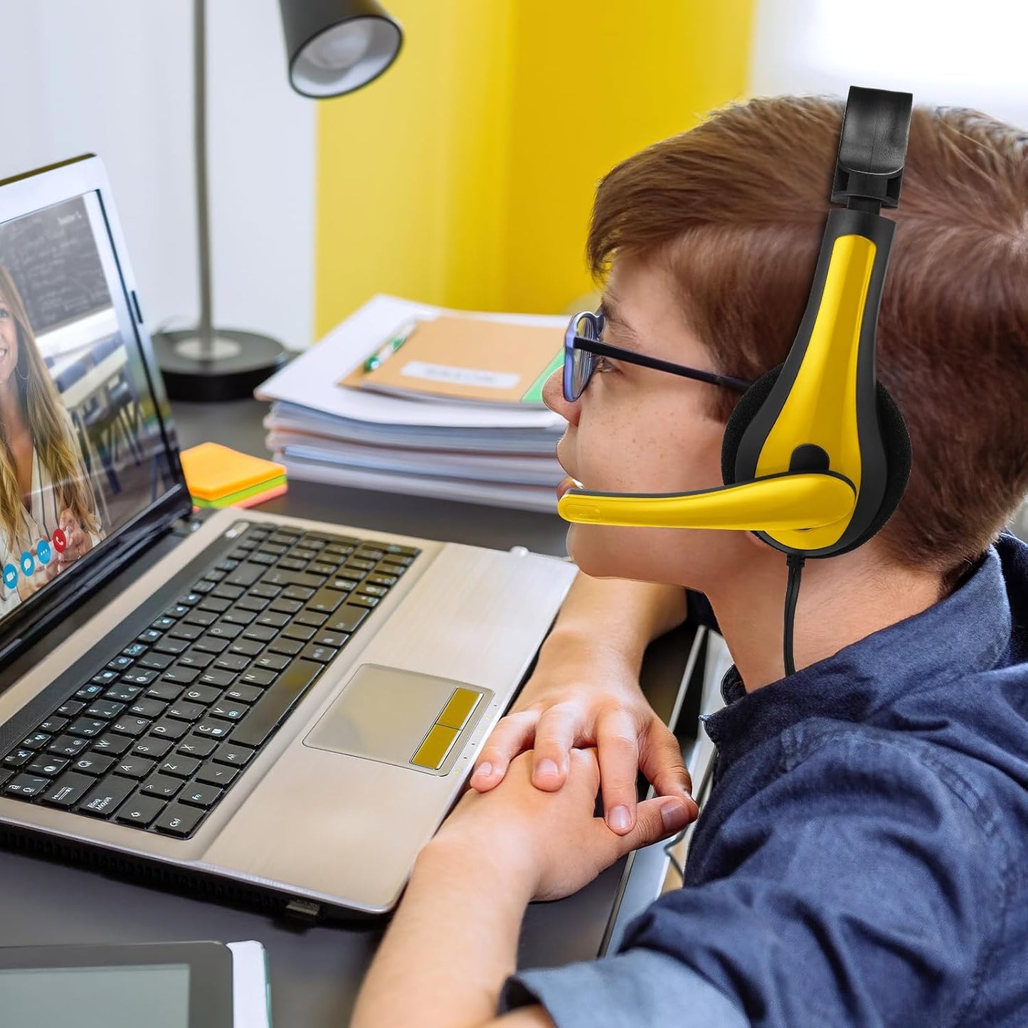 Yunsailing 20 Pack Bulk Classroom Headphones with Microphone Students Kids Wired School Class Set Headphones for School Library Computer Office Adults 3.5 Jack Universal Plug(Yellow)