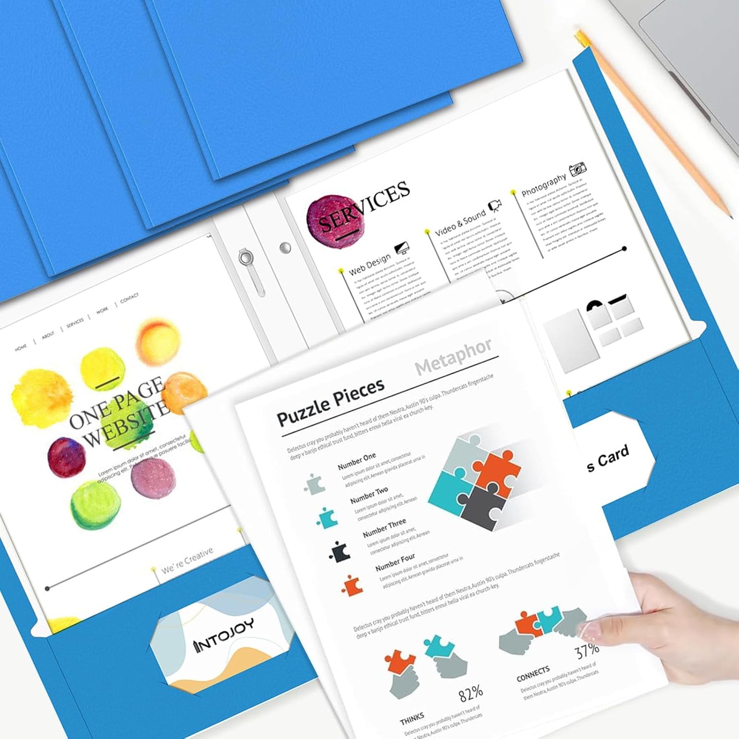 Folders with Pockets,IntoJoy 50 Pack Two Pocket Folders Business Card Holder Paper Folders with Prongs for School Office Filing Cabinet Resume Portfolio (Blue)