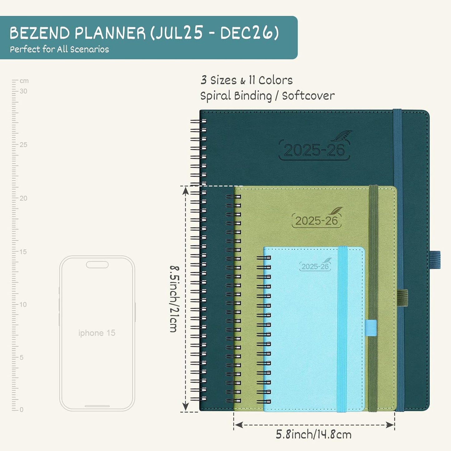 BEZEND Planner 2025-2026 Weekly and Monthly, 5.8" x 8.5" Academic Calendar (Jul 25-Dec 26) Vertical Daily Appointment with Hourly Timeslot & Monthly Tab, Spiral, PU Leather Softcover - Cornflower