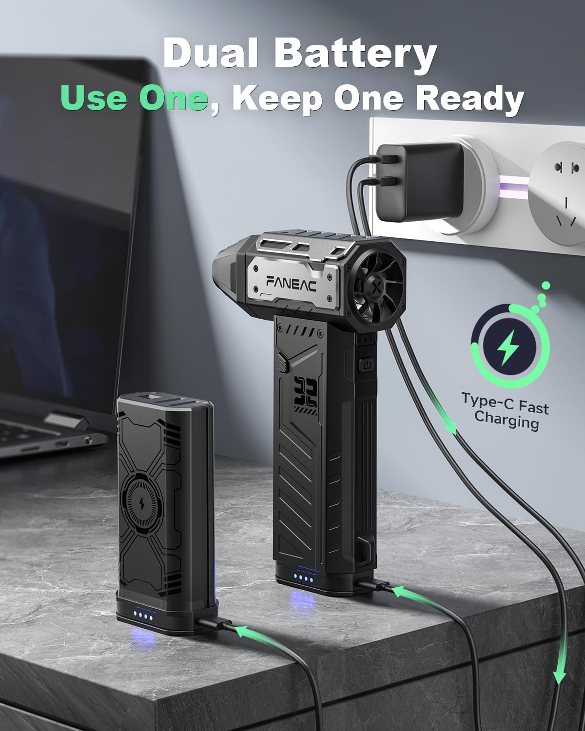 Electric Compressed Air Duster 150mph Wind Speed 2 Battery-Pack 3-Gear BLDC Ultra-Powerful Brushless Motor, for Keyboard, Computer, House, Indoor and Outdoor