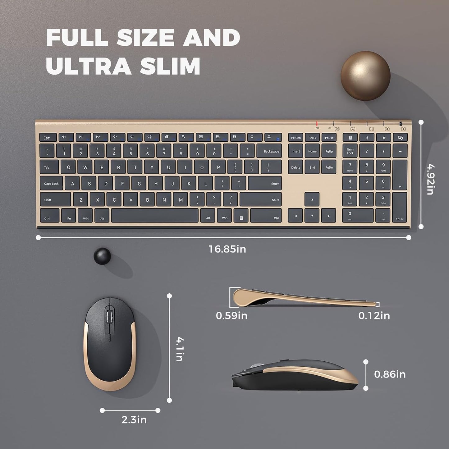Wireless Keyboard and Mouse, Vssoplor 2.4GHz Rechargeable Compact Quiet Full-Size Keyboard and Mouse Combo with Nano USB Receiver for Windows, Laptop, PC, Notebook-Black Gold