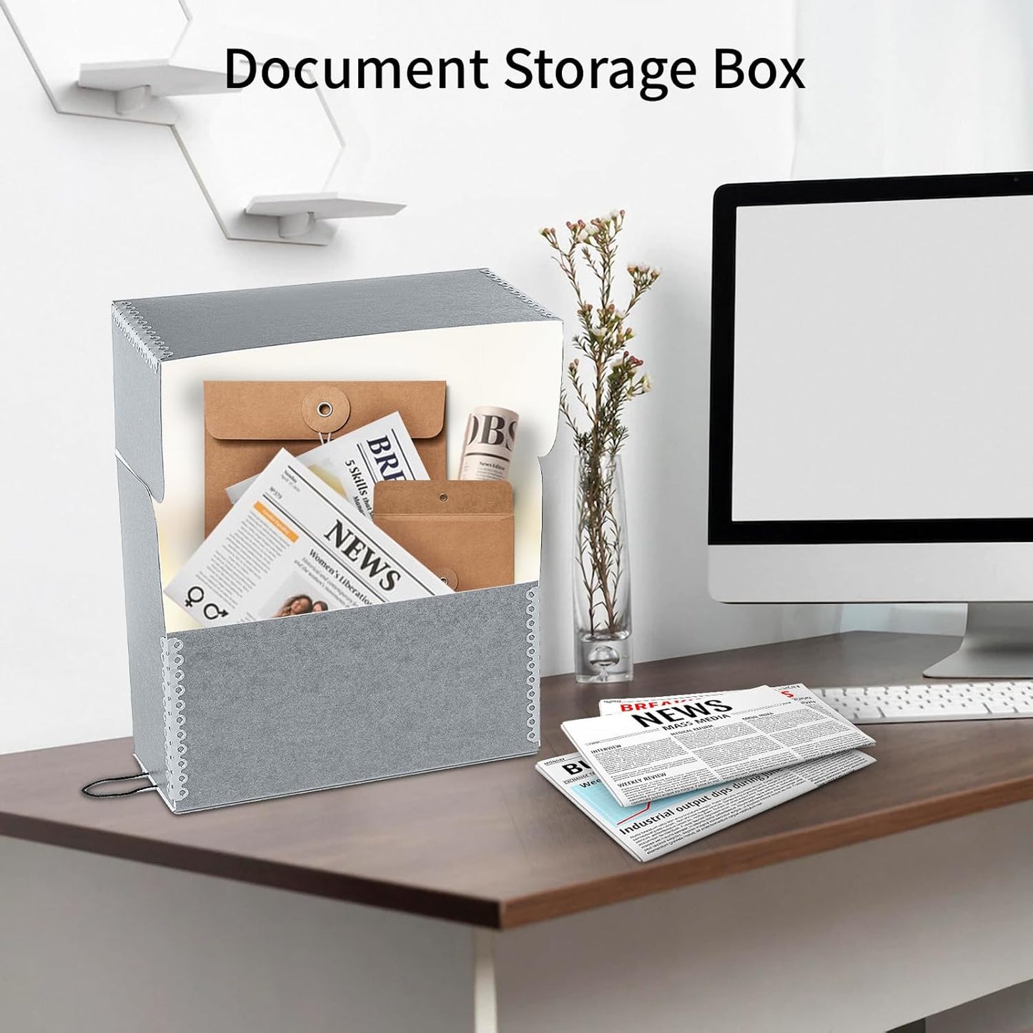 Lineco Archival Document Storage Box with Metal Edge, Acid-Free Gray Boxboard, Organize Files, Prints, Photos, Letter-Sized Case 12.5" x 10.5" x 5" Wide with 12 Folders