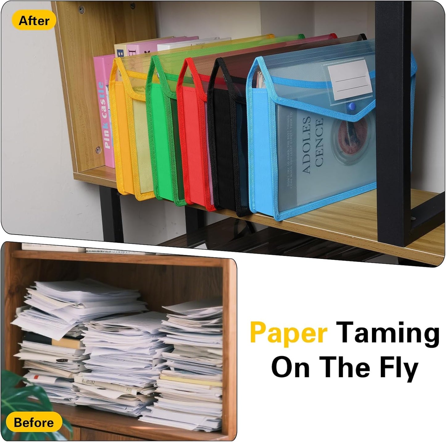 Go&Fan 5 Packs Expanding File Folder,no dividers,File Wallet Document Folder,Plastic envelopes with snap Closure,Paper Organizer Folder with Lable Pocket (Colorful) Fit Letter/A4 Size