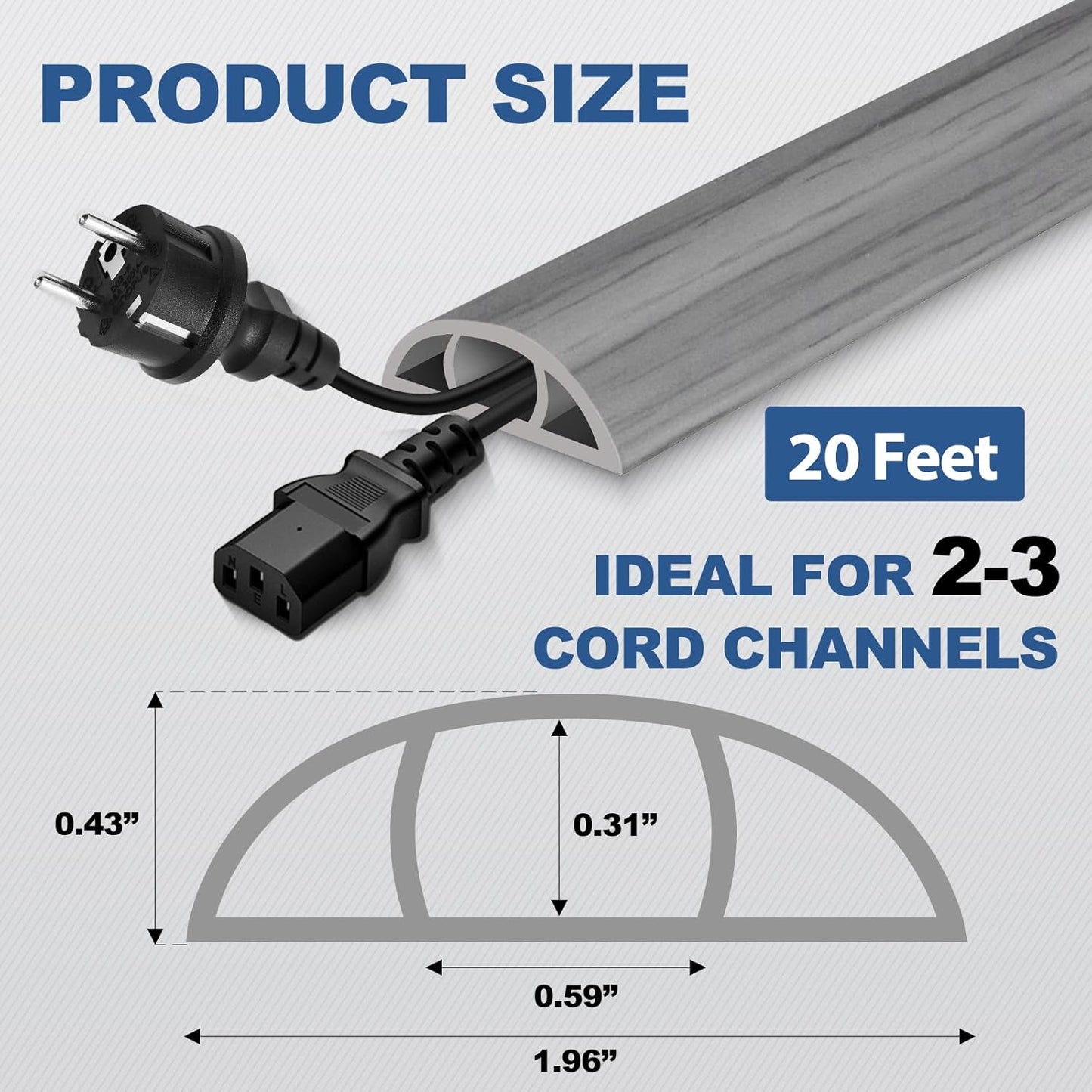 Floor Cord Cover for Wires on Floor Self Adhesive Cord Hider Floor Cable Management Wire Covers for Cords Protector Prevent Cable Trips Cord Cavity W 0.59" x H 0.31", Gray Wood, 20Ft