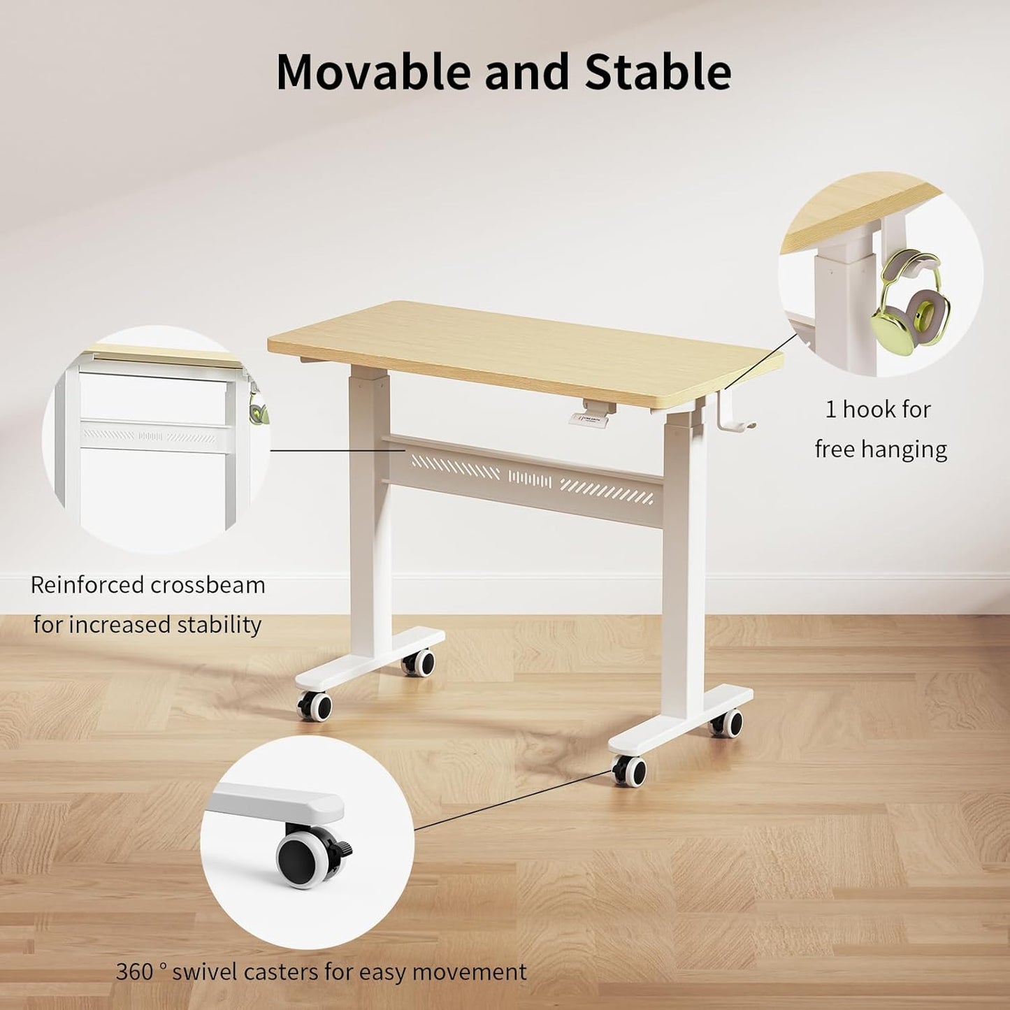 Mobile Walking Pad Desk with Wheels, Pneumatic Small Rolling Standing Desk Riser Height Adjustable (28-43.7") for Treadmill, Portable Computer Table for Home Office, Oak