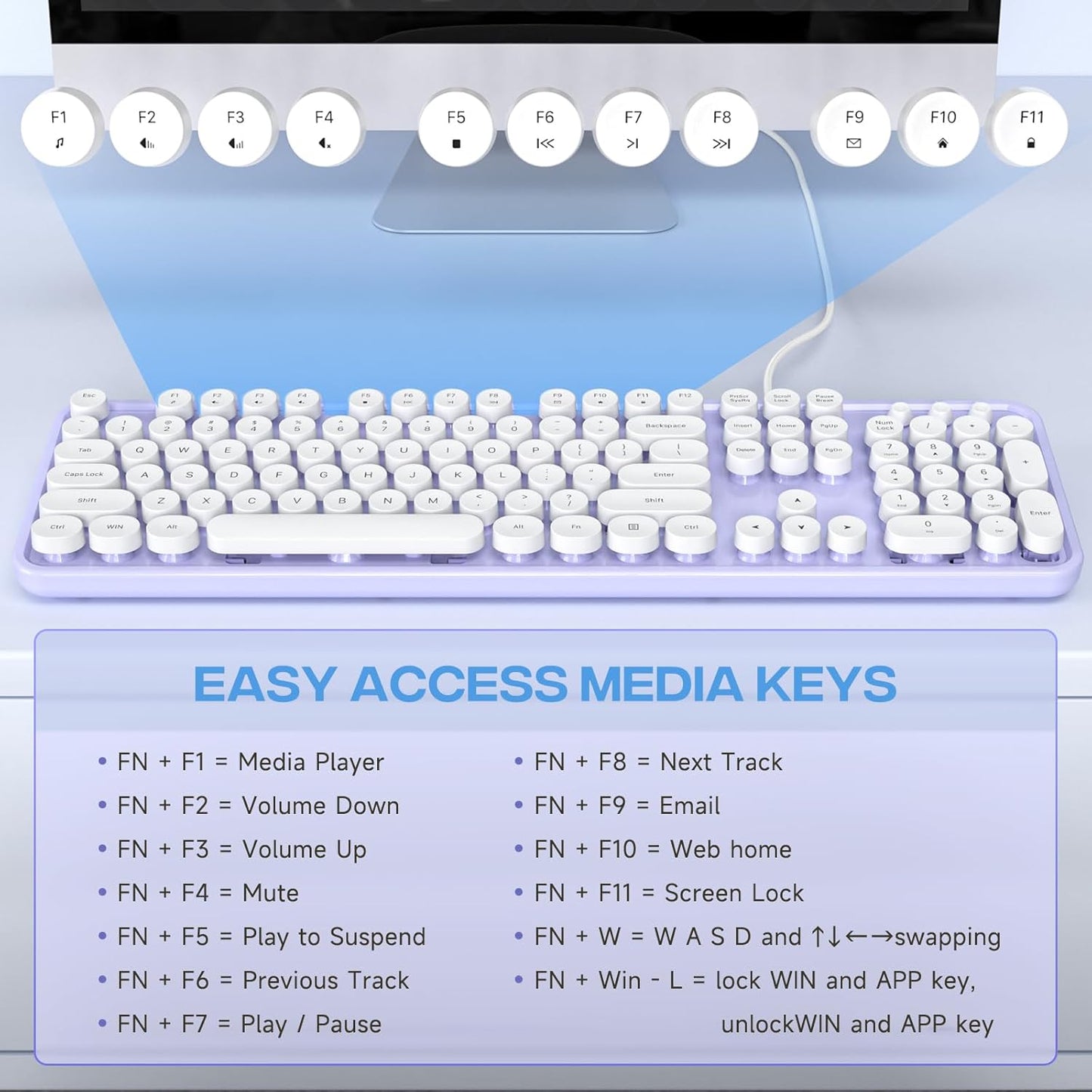 Wired Keyboard, Full-Sized Typewriter Keyboards, USB Plug and Play Office Keyboard with Number Pad, Caps Indicators, Foldable Stands for Windows, PC, Laptop, Desktop (Purple-White)