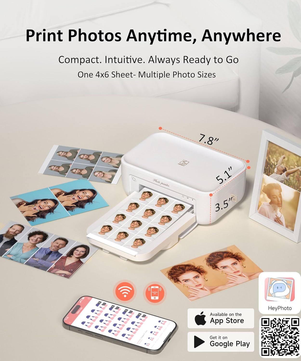 CP4100 4x6 Photo Printer with 108 Sheets & 2 Ribbons, Full-Color Thermal Dye Sublimation Wi-Fi Printing, Portable Instant Picture Printer for iPhone/Android, AR Video, Fun App, Home Use, White