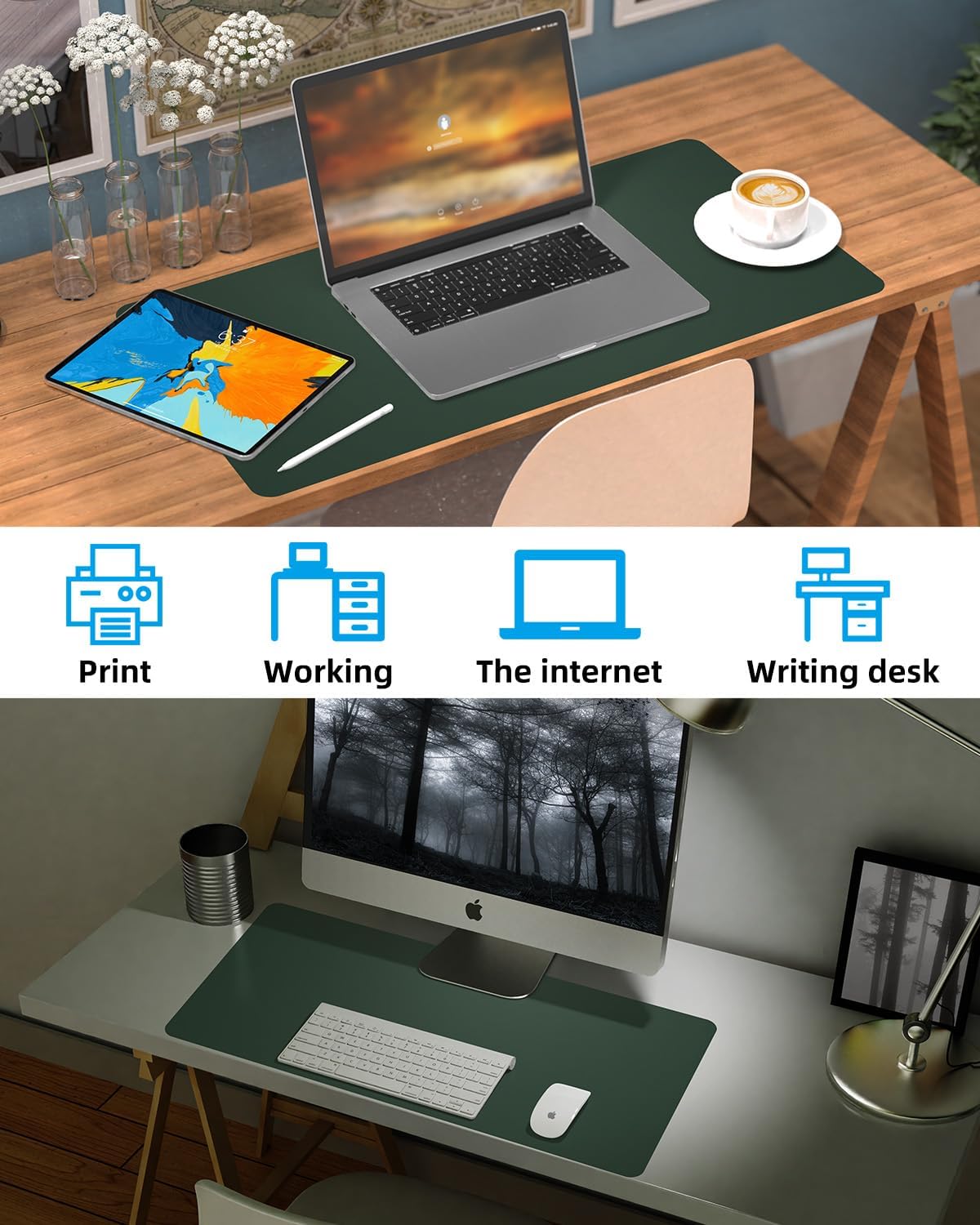 PULeather Non-Slip Desk Mat, Large Mouse Pad & Laptop Desk Pad - Waterproof Writing Pad for Office & Home (Dark Green, 35.4" x 17")