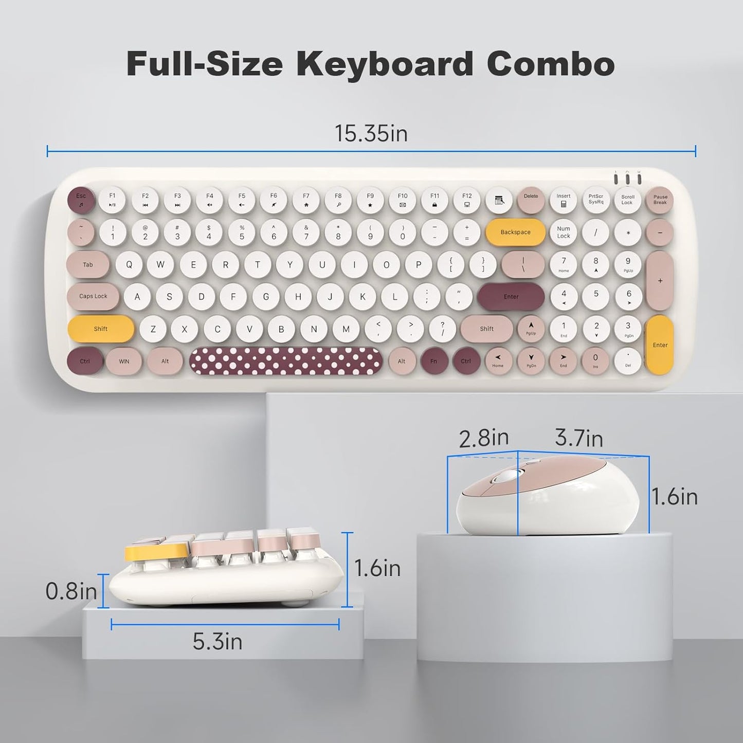 Wireless Keyboard and Mouse Combo, MOWUX - Modern Compact Layout, Colorful Compact Candy Mouse and Retro Round Keyboard Set with Cover, for PC/Laptop/Windows/Mac - Off-White Colorful
