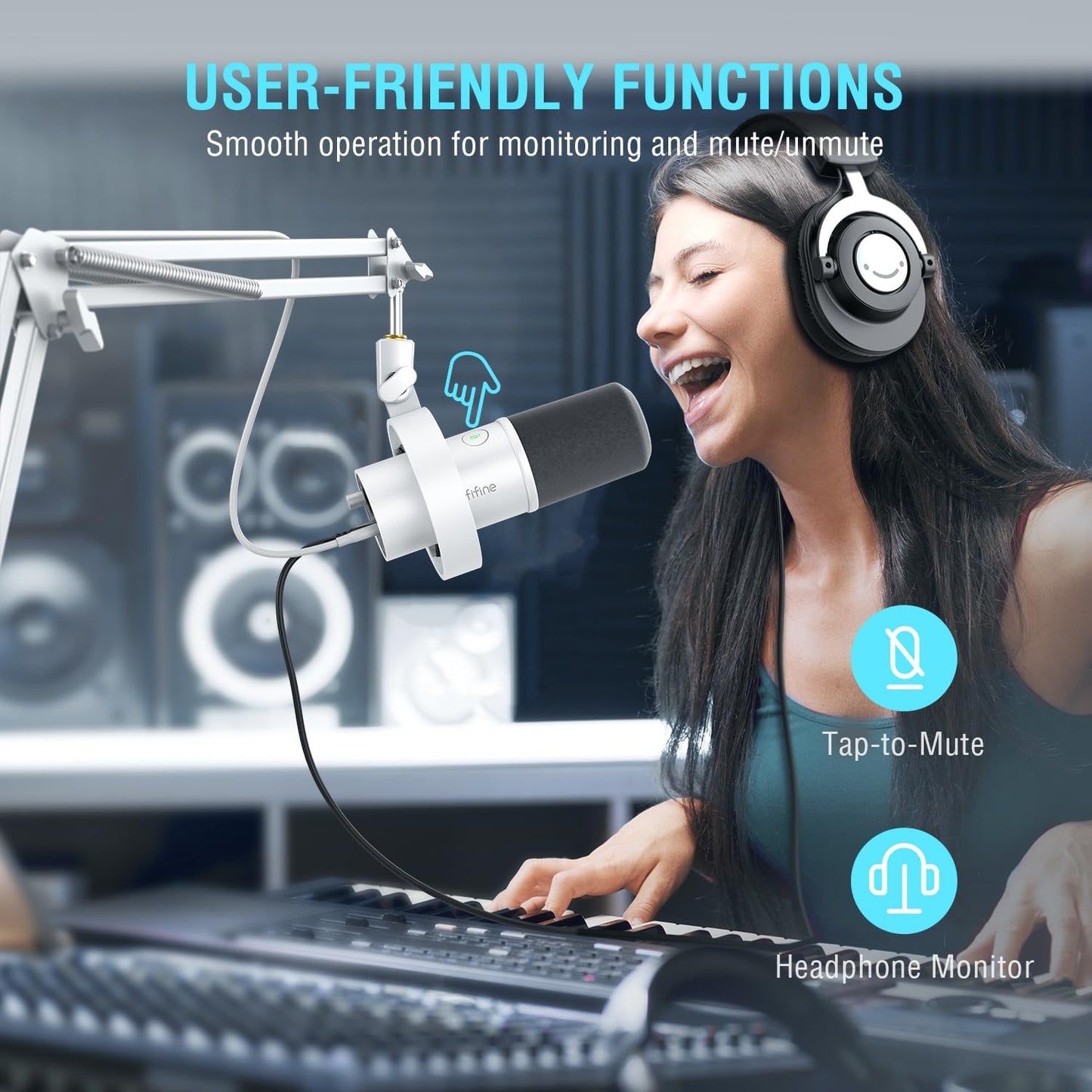 FIFINE Dynamic Microphone with Boom Arm, Studio Vocal XLR Microphone, Podcast USB Mic Kit for PC with Mute Button, Volume Knob, Headphone Jack, for Streaming Recording-AmpliTank K688CT White