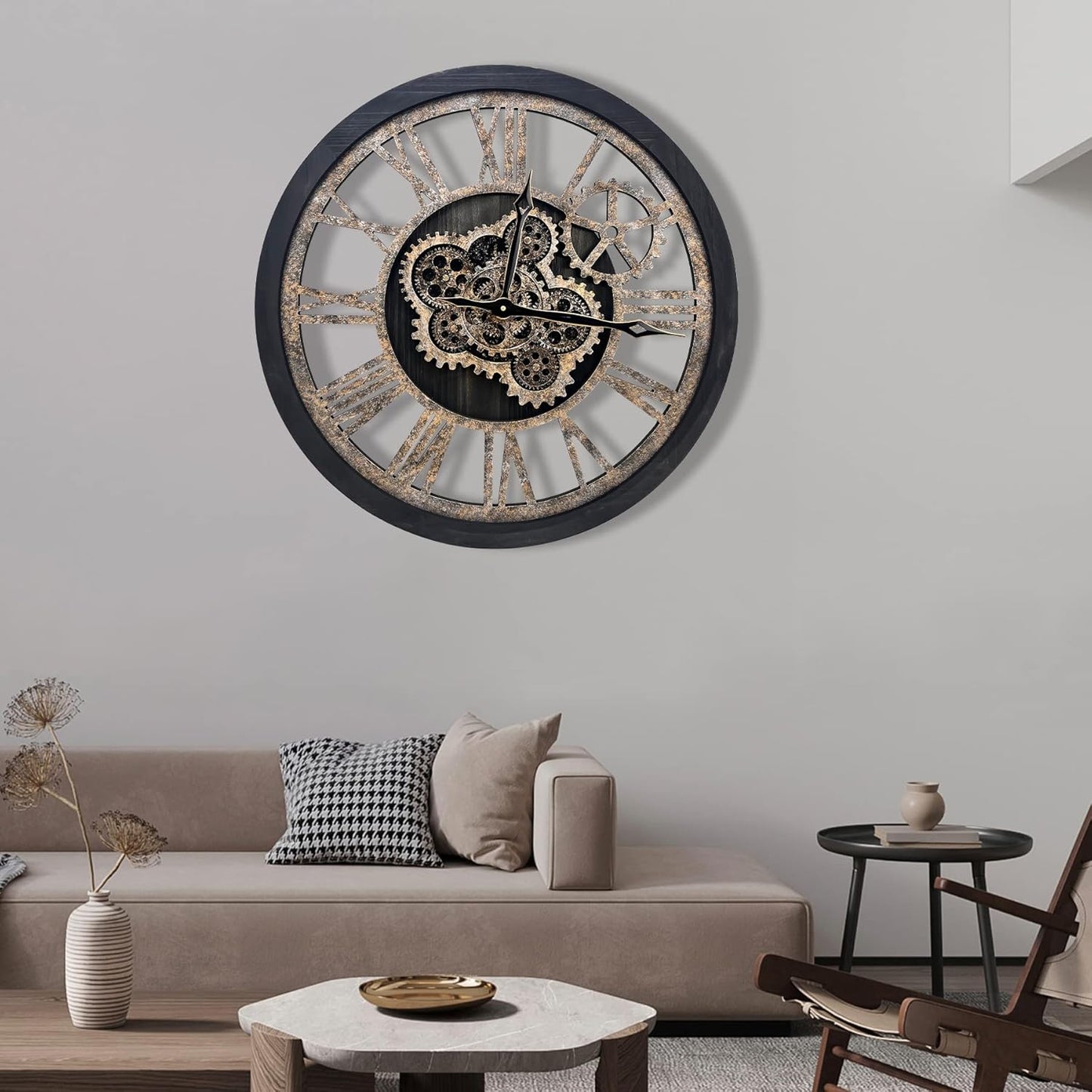 The B-Style Large Wall Clock 18 inch Moving Gear Wall Clock Oversized Vintage Farmhouse Wall Clocks for Living Room Decor Rustic Industrial Wood Clock (Black)