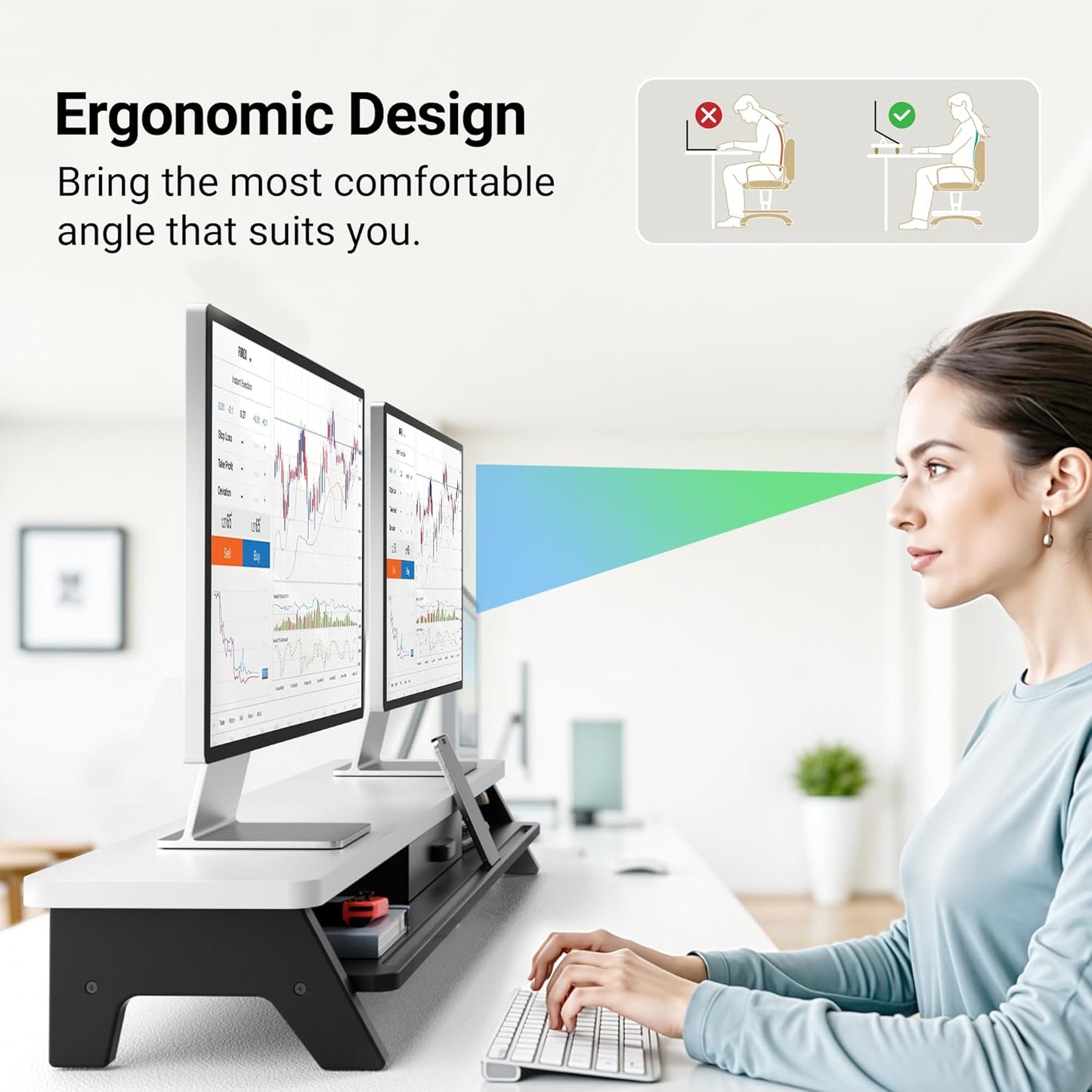 Dual Monitor Stand Riser,LED 2-Tier 39.3 Inch Computer Monitor Stand for 2 Monitors,Office Desktop Organizer with Storage Drawer and Phone Holder for Laptop,PC,Computer,Printer,White