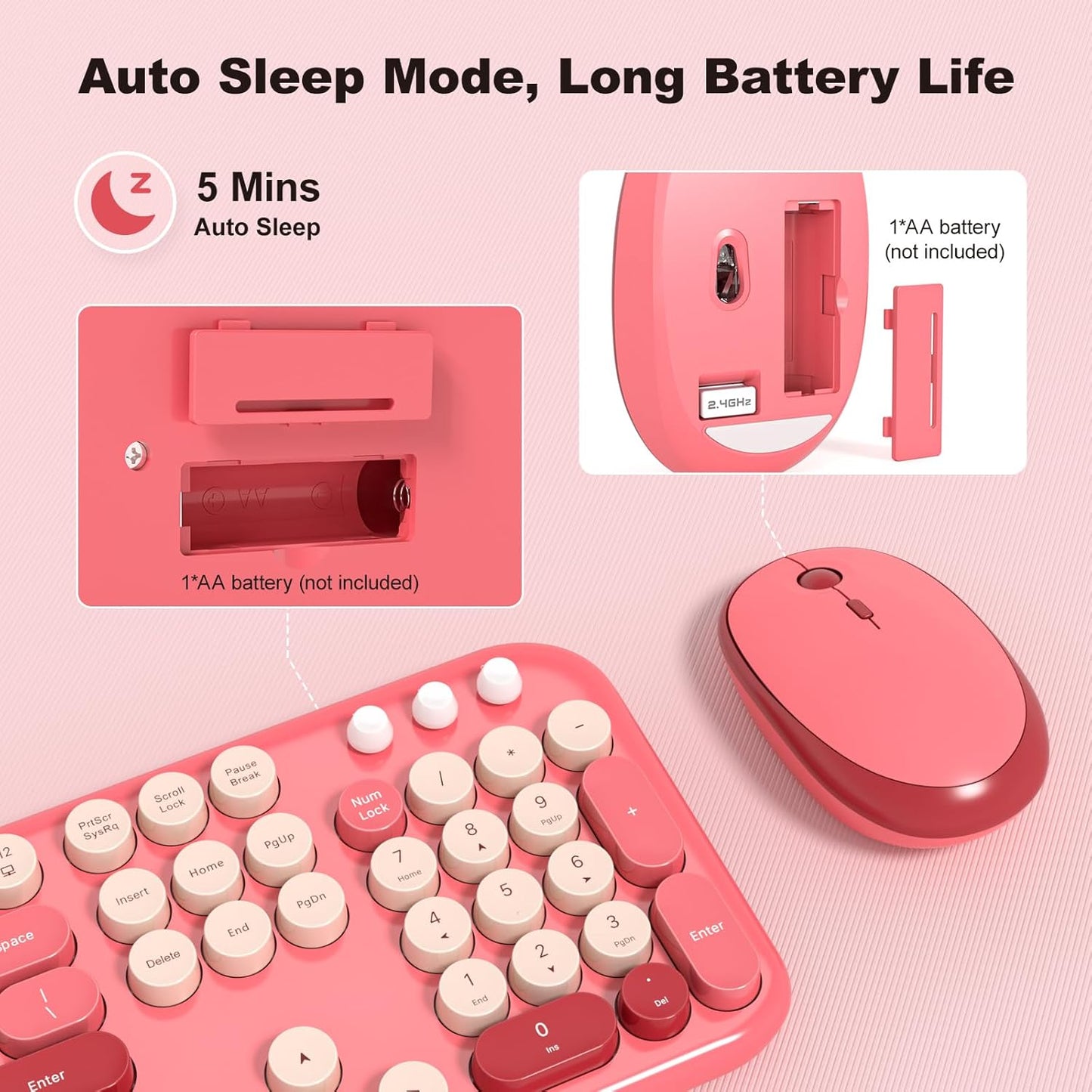 MOFII Wireless Keyboard and Mouse Combo, Cute Keyboard Full Size and Wireless Mouse, 2.4GHz Retro Typewriter Keyboard Wireless Mouse Set for PC/Desktop/Laptop/Windows (Hot Pink)