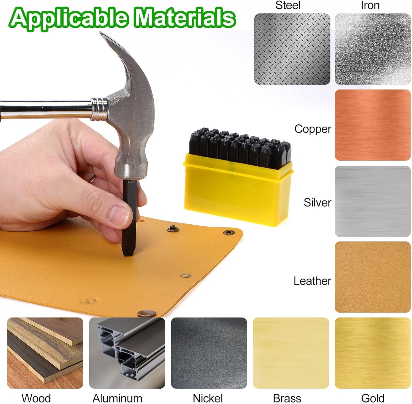 HARFINGTON 36pcs Metal Stamping Kit 3/16" (5mm) (A-Z, 0-8, "&" Symbol) Steel Letter Punch Press Tool with Hole Punch to Stamp on Metal, Plastic, Wood, Leather, Black