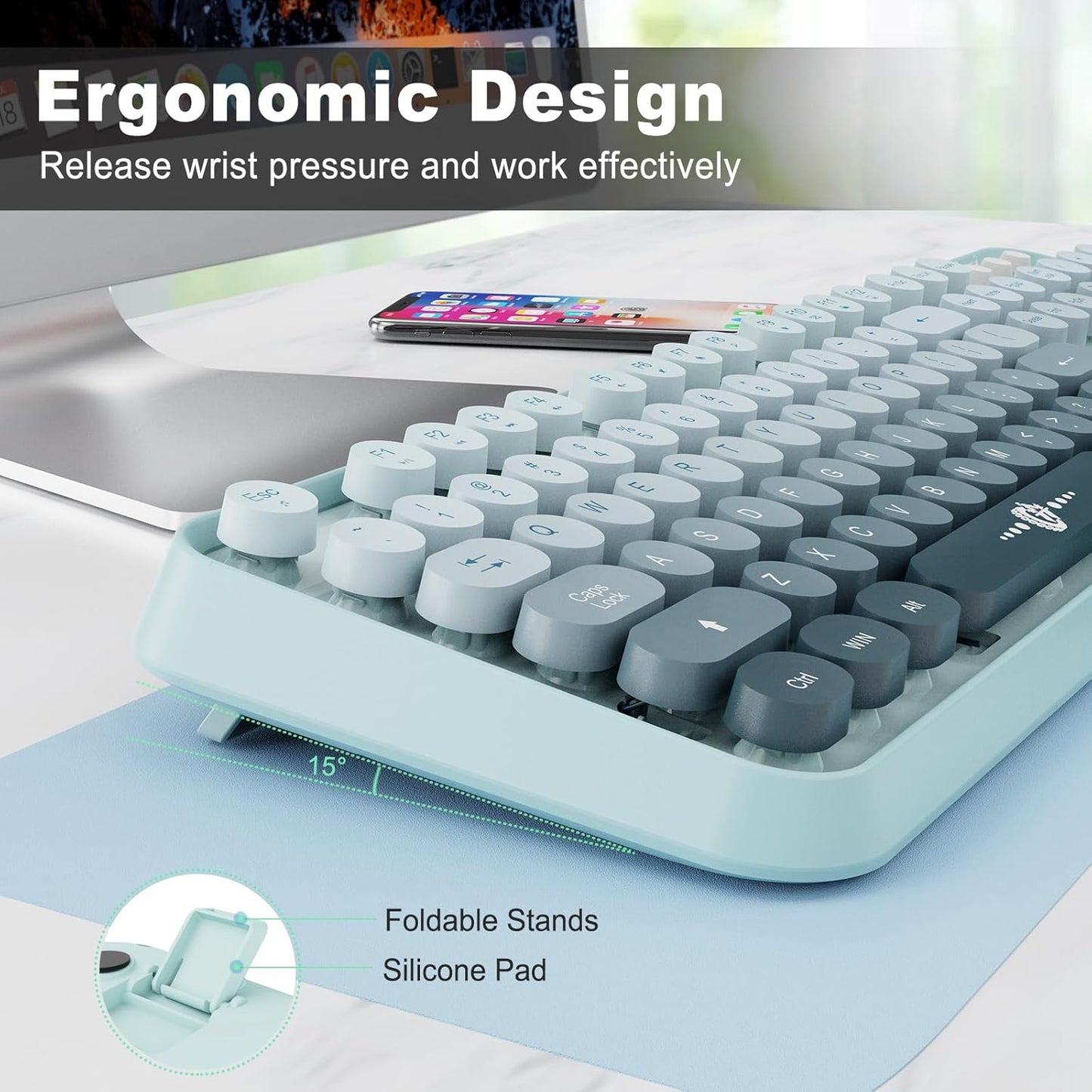 Wireless Keyboard and Mouse Combo, 2.4 GHz Wireless Full-Sized Typewriter Keyboard with Round Keycaps for Windows, Computer, Desktop, PC, Laptop (Light Blue)