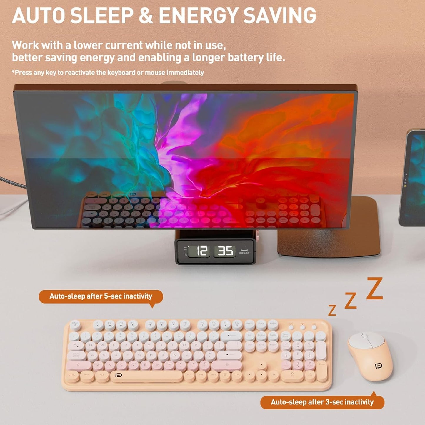 FOPETT 2.4GHz Wireless Keyboard and Mouse Set with Switch Button - Full-Size Keyboard - Compatible for Windows/Laptop/PC/Notebook/Smart TV and More - Pink