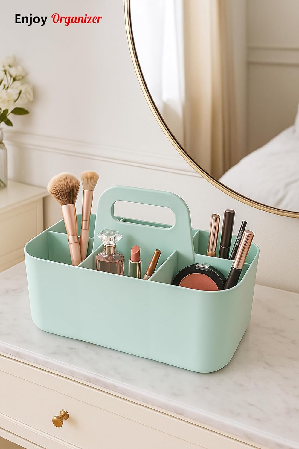 2 Pack Small 6 Compartment Multiuse Caddy Organizer with Handle Art Craft Supplies, Office, Desk, Stationery Pen Holder Stackable- Made In USA (Mint/Gray)