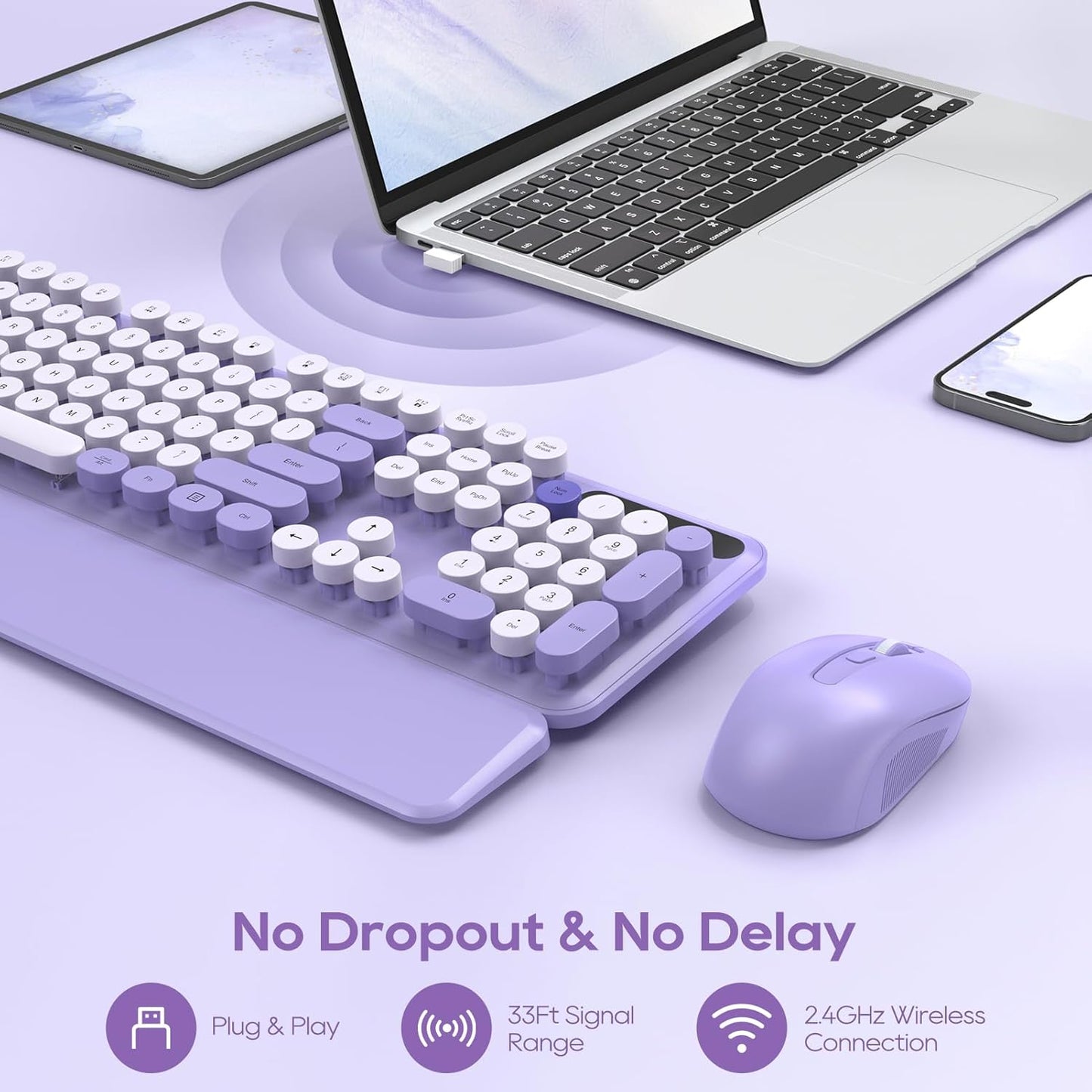 Wireless Keyboard and Mouse Combo, Cute Round Keycaps, Full-Size Retro Typewriter Keyboard with Detachable Wrist Rest, 2.4GHz Cordless Connection for Mac/Windows/PC/Laptop (Purple-Colorful)