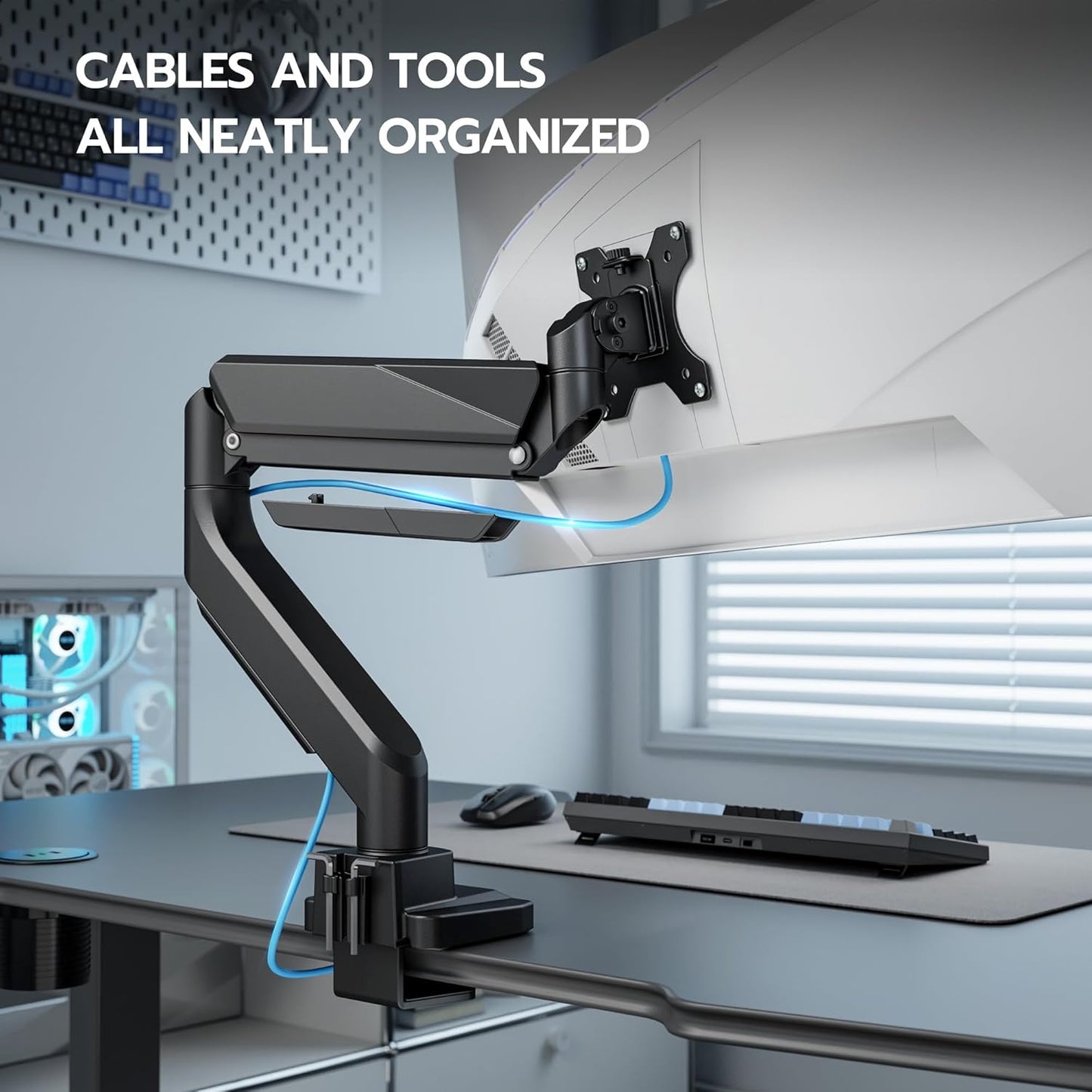 ARES WING Ultrawide Monitor Arm, Heavy Duty Single Monitor Mount for 13"-49" Curved Screens, Adjustable Stand for Desk with C-clamp & Grommet Base up to 40 LBS, Black